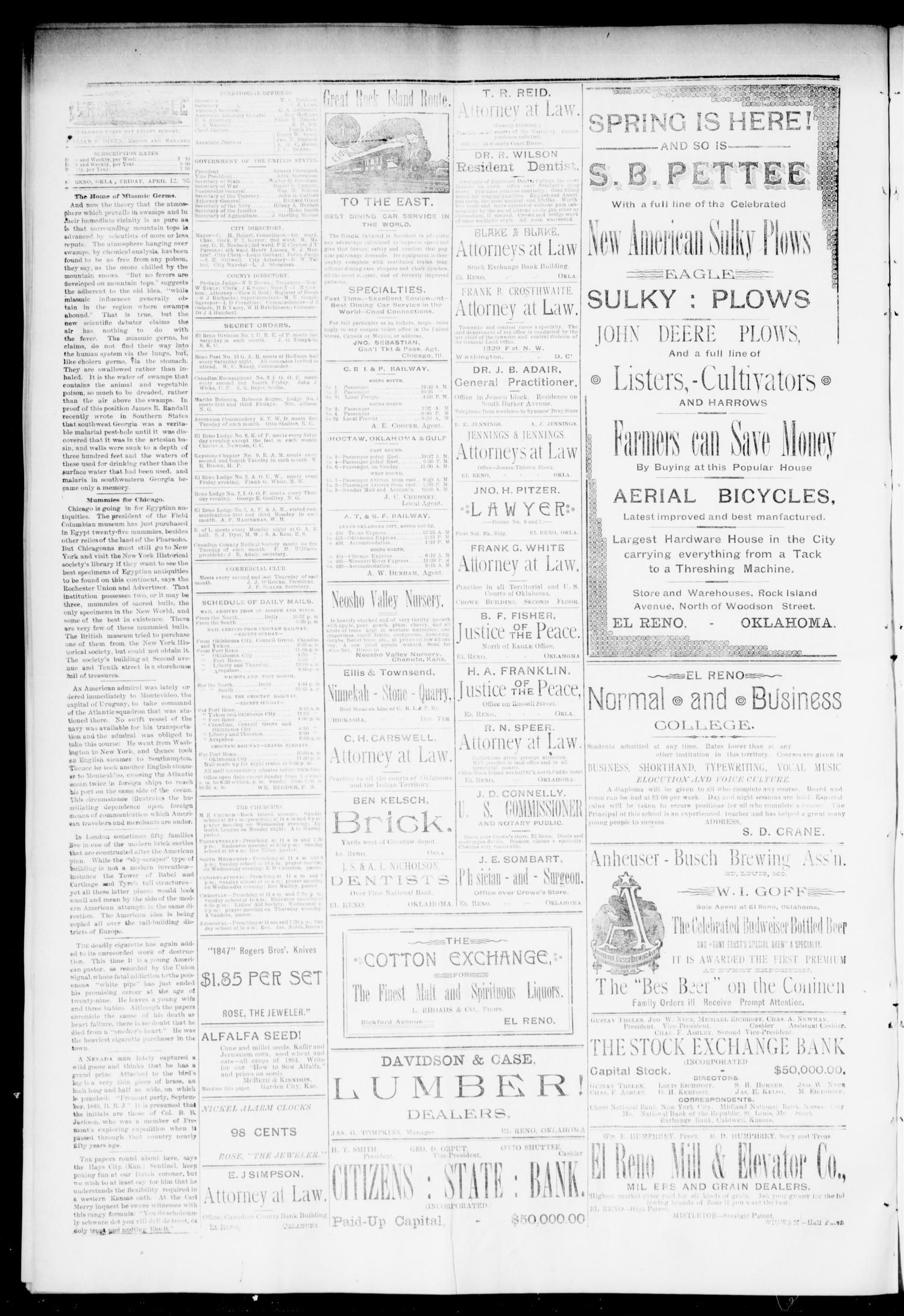 El Reno Daily Eagle. (El Reno, Okla.), Vol. 1, No. 164, Ed. 1 Friday, April 12, 1895
                                                
                                                    [Sequence #]: 4 of 4
                                                