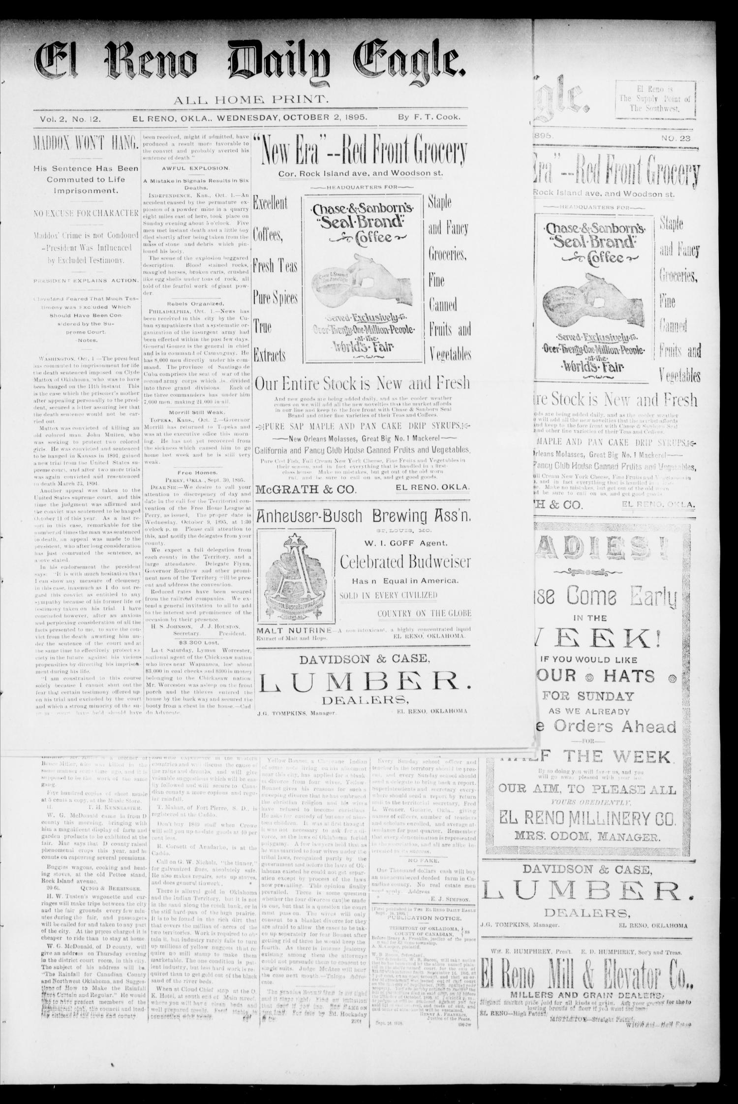 El Reno Daily Eagle. (El Reno, Okla.), Vol. 1, No. 12, Ed. 1 Wednesday, October 2, 1895
                                                
                                                    [Sequence #]: 1 of 4
                                                