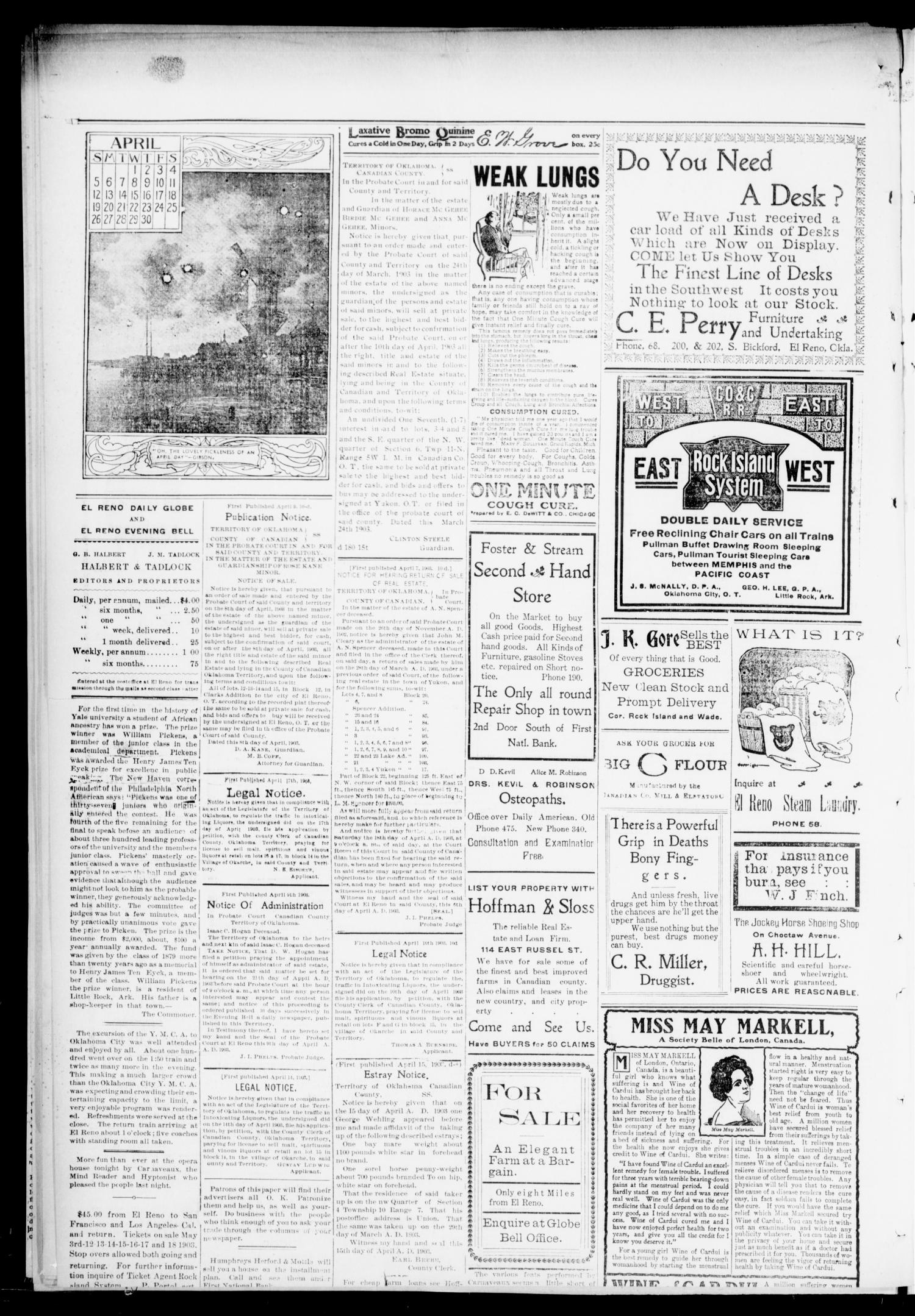El Reno Daily Globe. And Evening Bell. (El Reno, Okla.), Vol. 8, No. 201, Ed. 1 Saturday, April 18, 1903
                                                
                                                    [Sequence #]: 2 of 4
                                                