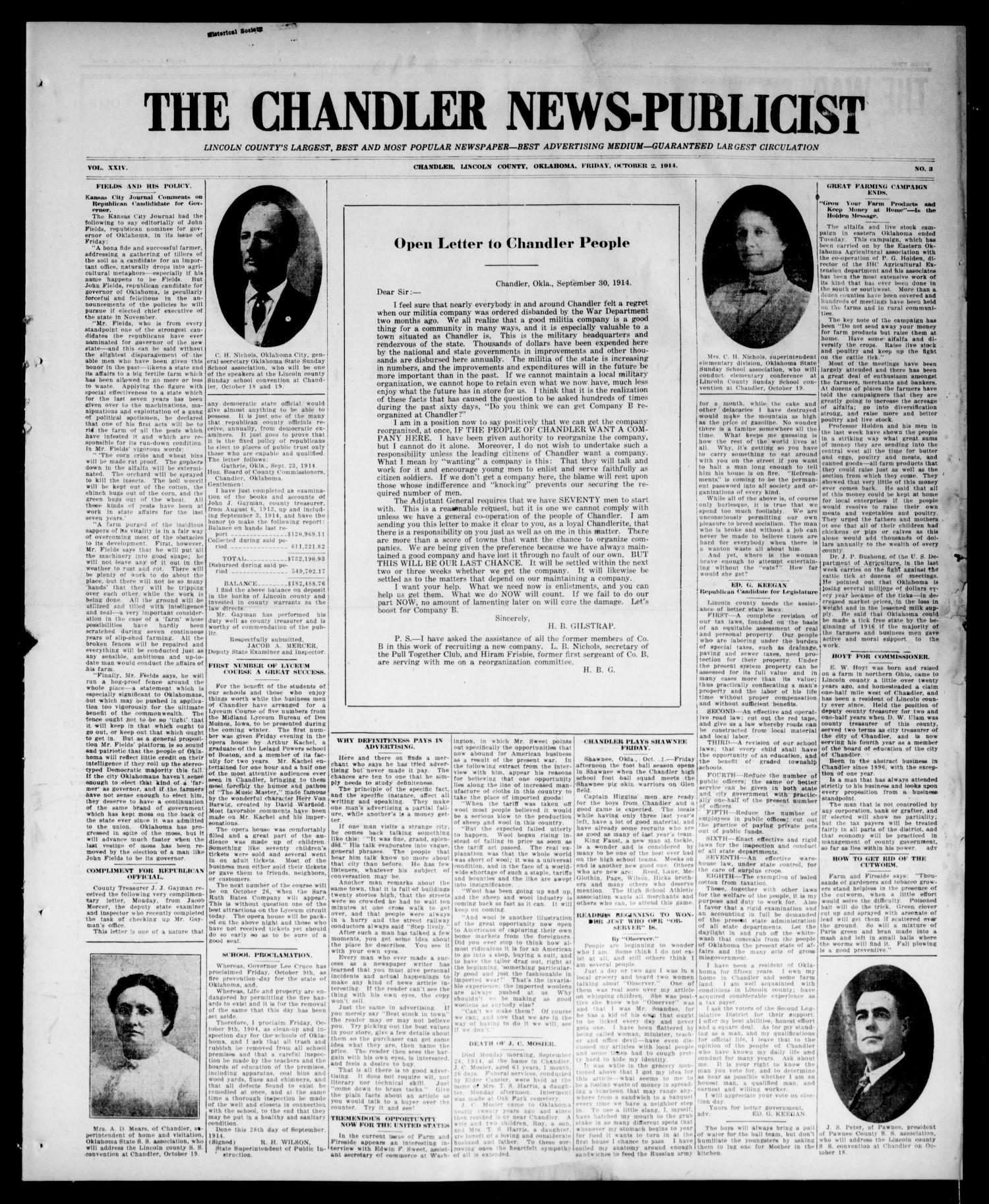 The Chandler News-Publicist (Chandler, Okla.), Vol. 24, No. 3, Ed. 1 Friday, October 2, 1914
                                                
                                                    [Sequence #]: 1 of 8
                                                