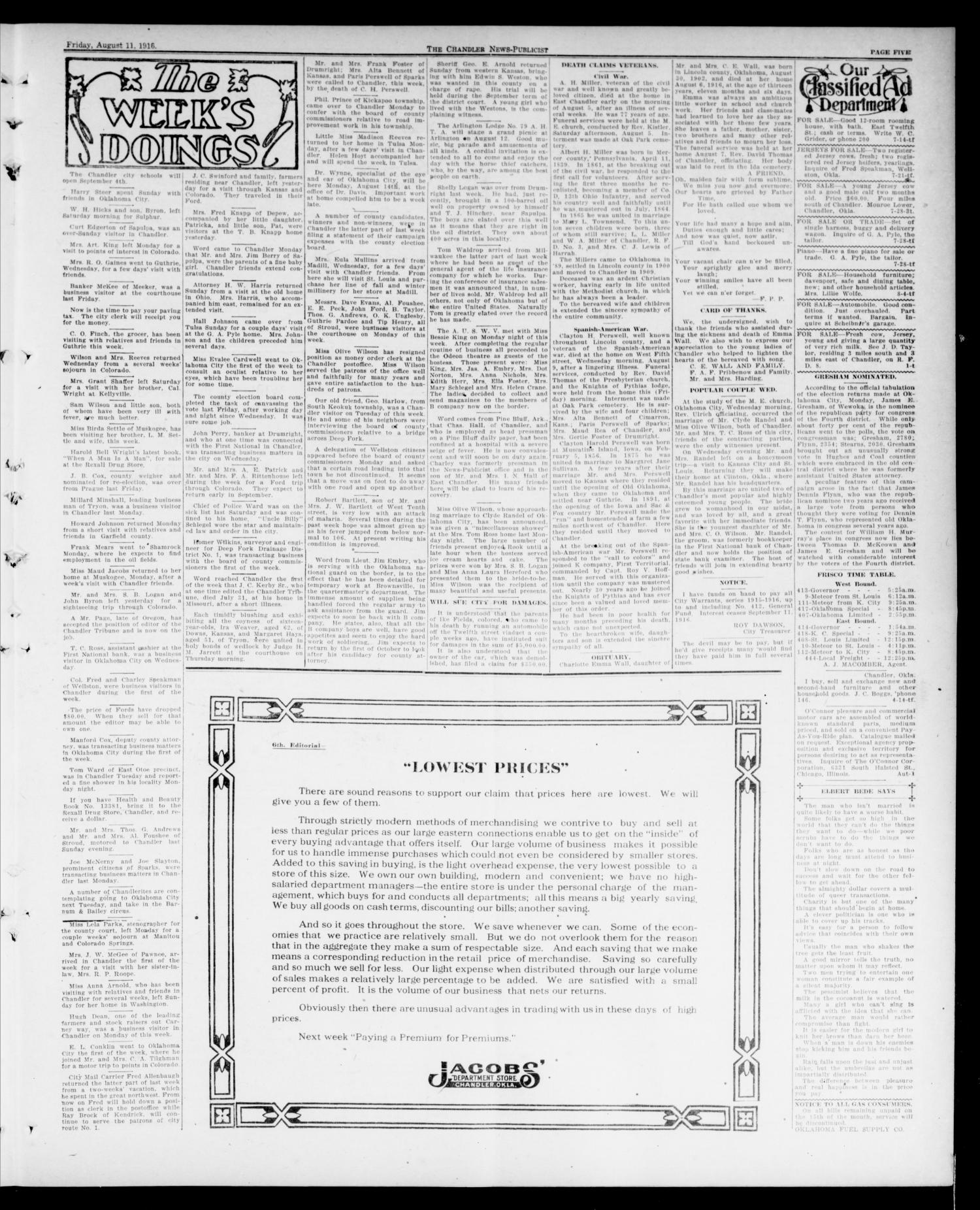 The Chandler News-Publicist (Chandler, Okla.), Vol. 25, No. 48, Ed. 1 Friday, August 11, 1916
                                                
                                                    [Sequence #]: 5 of 8
                                                