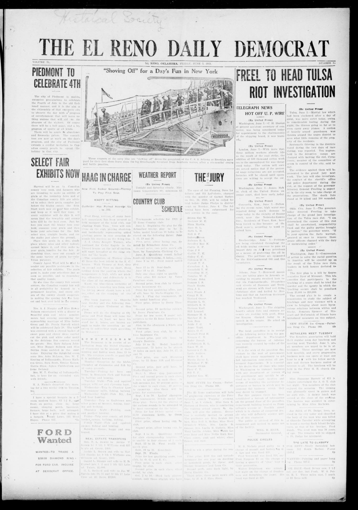 The El Reno Daily Democrat (El Reno, Okla.), Vol. 31, No. 42, Ed. 1 Friday, June 3, 1921
                                                
                                                    [Sequence #]: 1 of 4
                                                