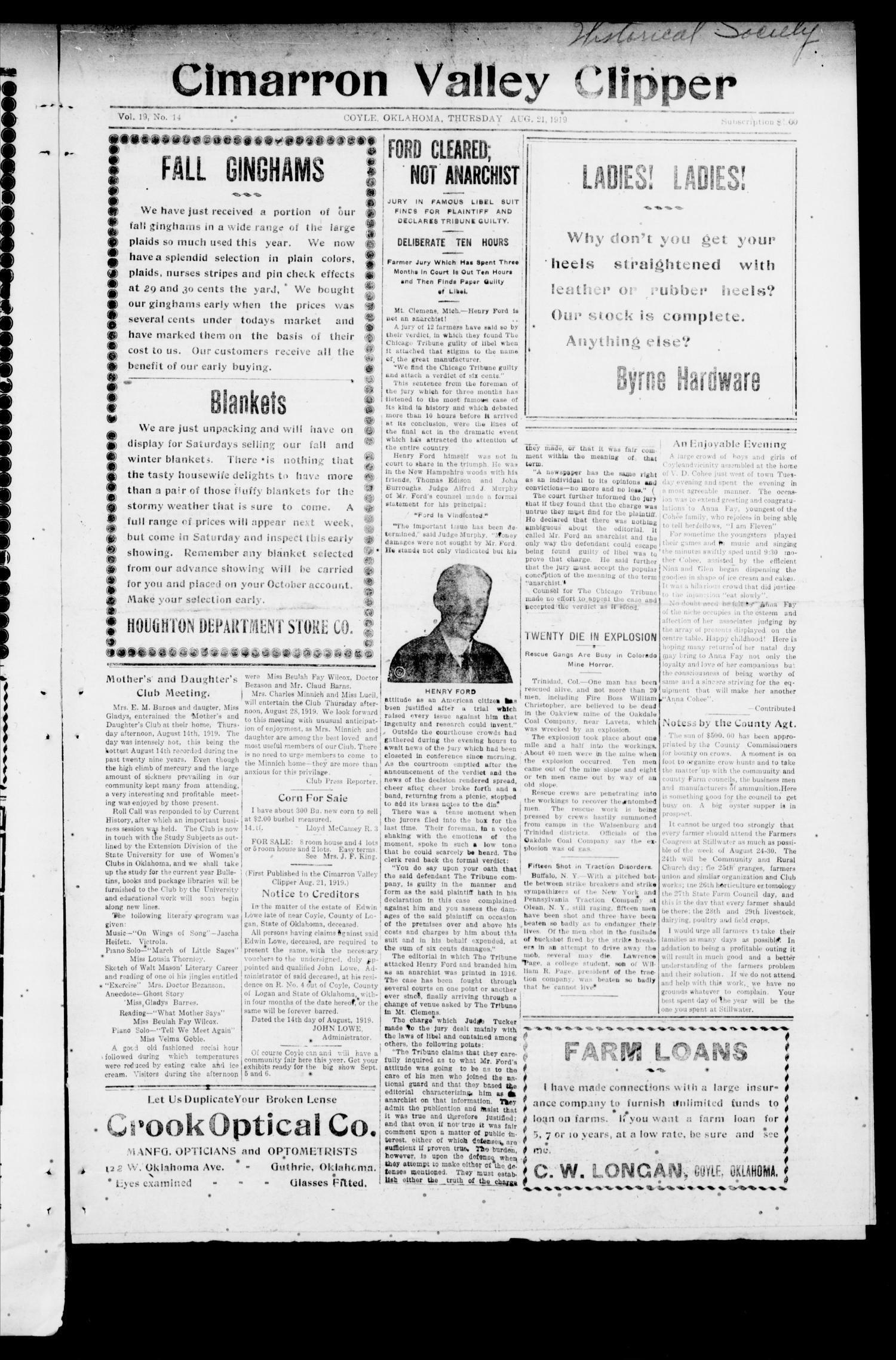 Cimarron Valley Clipper (Coyle, Okla.), Vol. 19, No. 14, Ed. 1 Thursday, August 21, 1919
                                                
                                                    [Sequence #]: 1 of 4
                                                