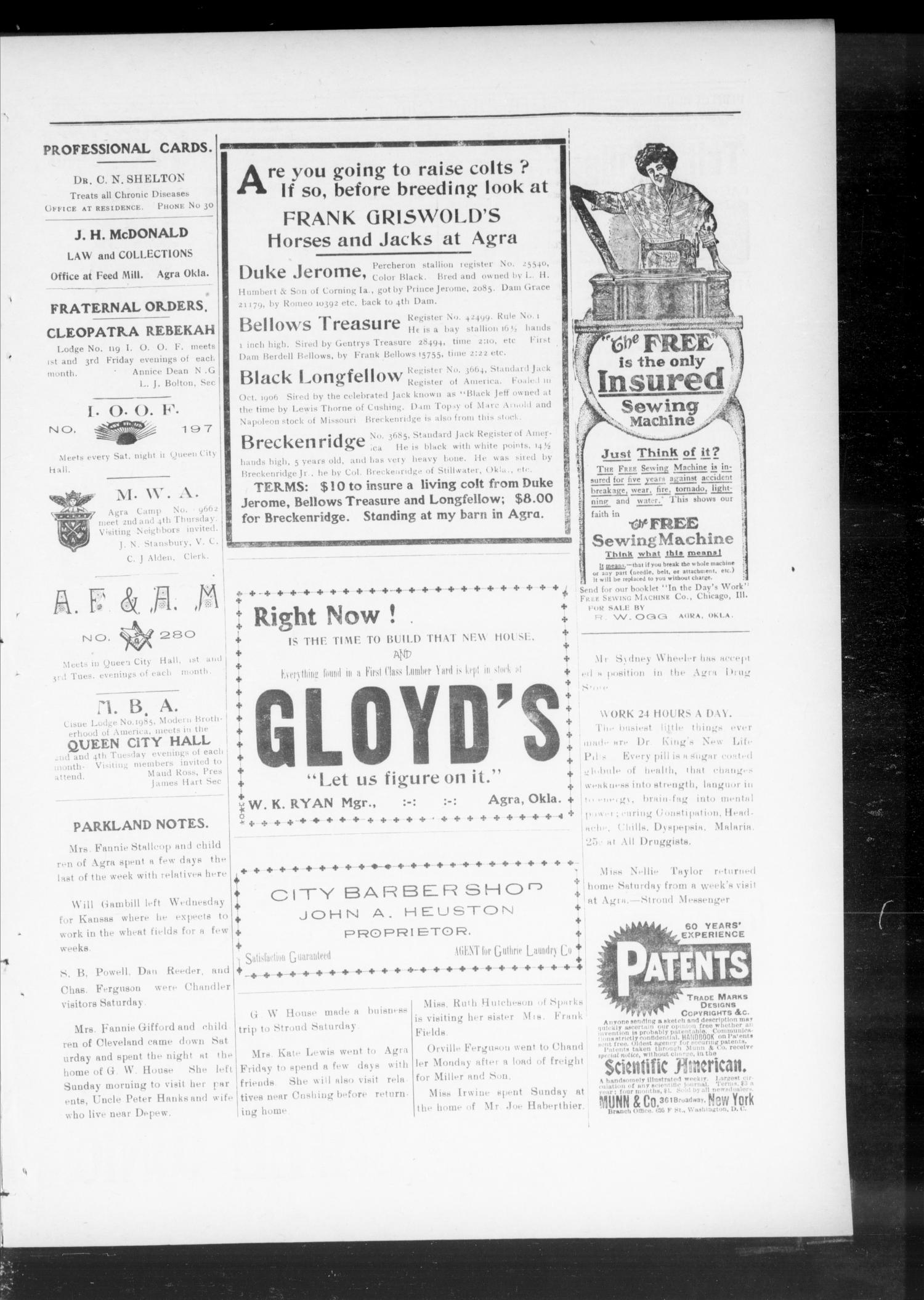 Queen City Times. (Agra, Okla.), Vol. 4, No. 44, Ed. 1 Thursday, July 14, 1910
                                                
                                                    [Sequence #]: 3 of 12
                                                