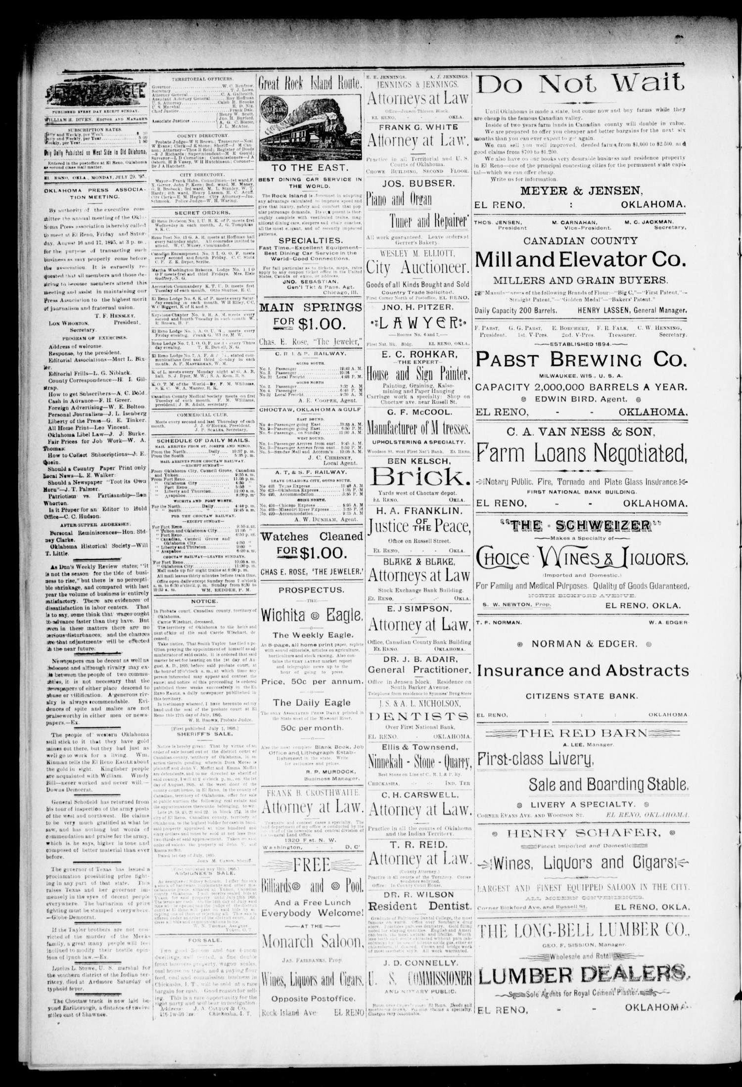 El Reno Daily Eagle. (El Reno, Okla.), Vol. 1, No. 255, Ed. 1 Monday, July 29, 1895
                                                
                                                    [Sequence #]: 4 of 4
                                                