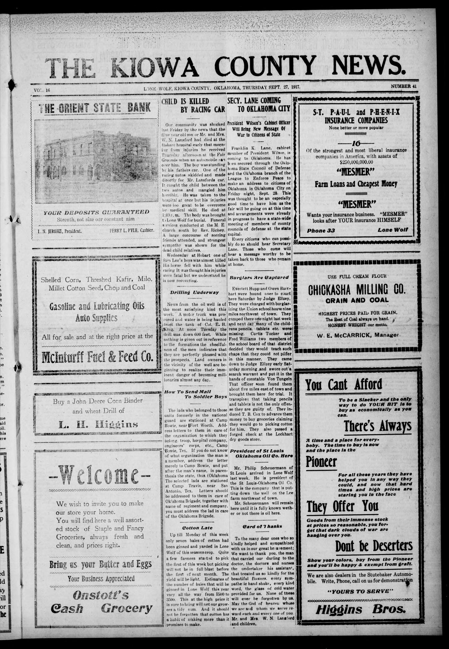 The Kiowa County News. (Lone Wolf, Okla.), Vol. 16, No. 41, Ed. 1 Thursday, September 27, 1917
                                                
                                                    [Sequence #]: 1 of 10
                                                
