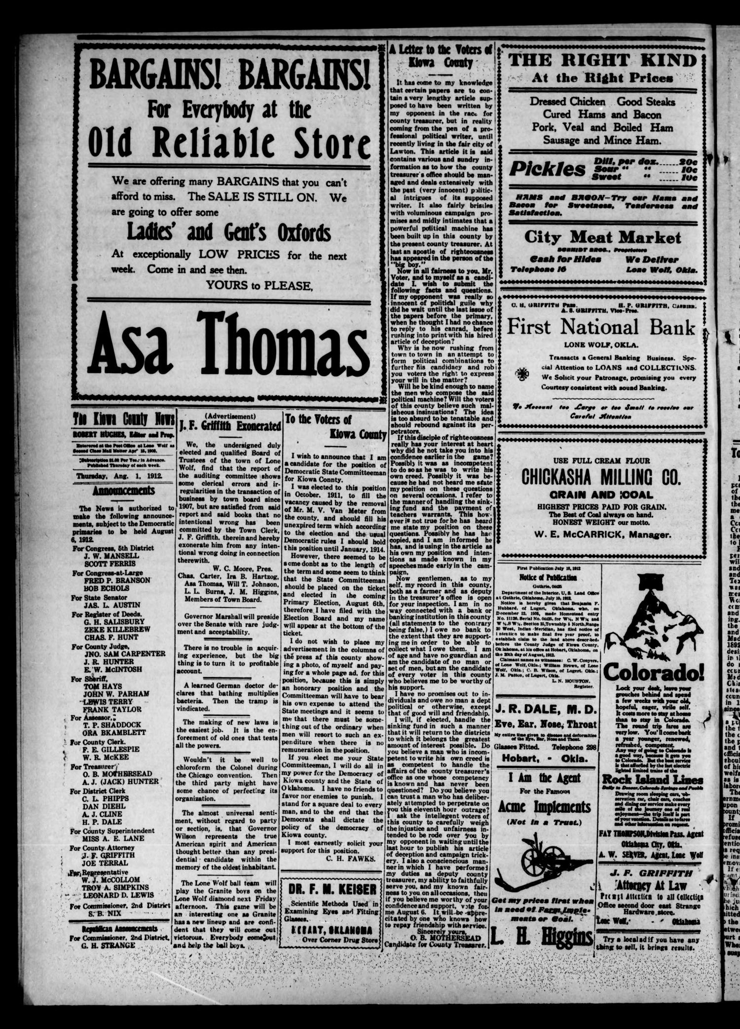 The Kiowa County News. (Lone Wolf, Okla.), Vol. 11, No. 34, Ed. 1 Thursday, August 1, 1912
                                                
                                                    [Sequence #]: 4 of 10
                                                