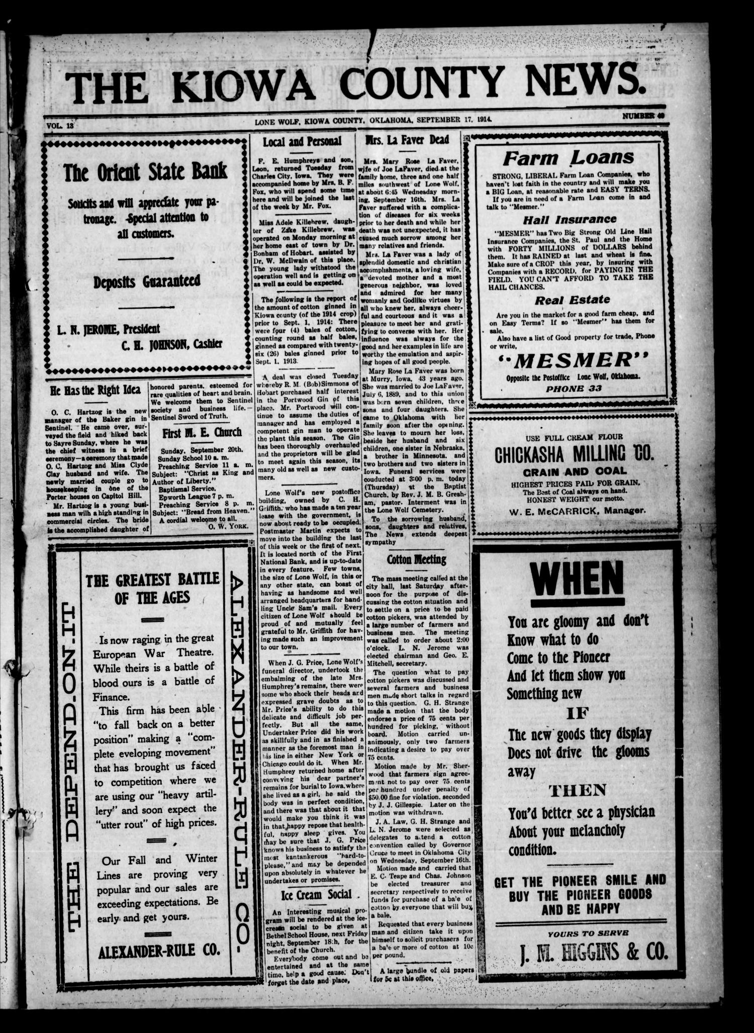 The Kiowa County News. (Lone Wolf, Okla.), Vol. 13, No. 40, Ed. 1 Thursday, September 17, 1914
                                                
                                                    [Sequence #]: 1 of 8
                                                