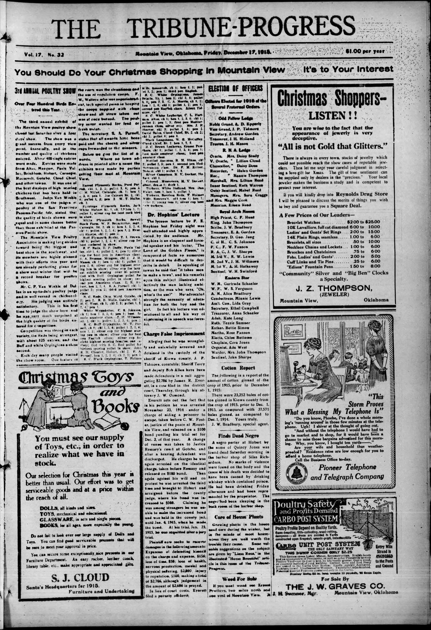 The Tribune-Progress (Mountain View, Okla.), Vol. 17, No. 32, Ed. 1 Friday, December 17, 1915
                                                
                                                    [Sequence #]: 1 of 10
                                                