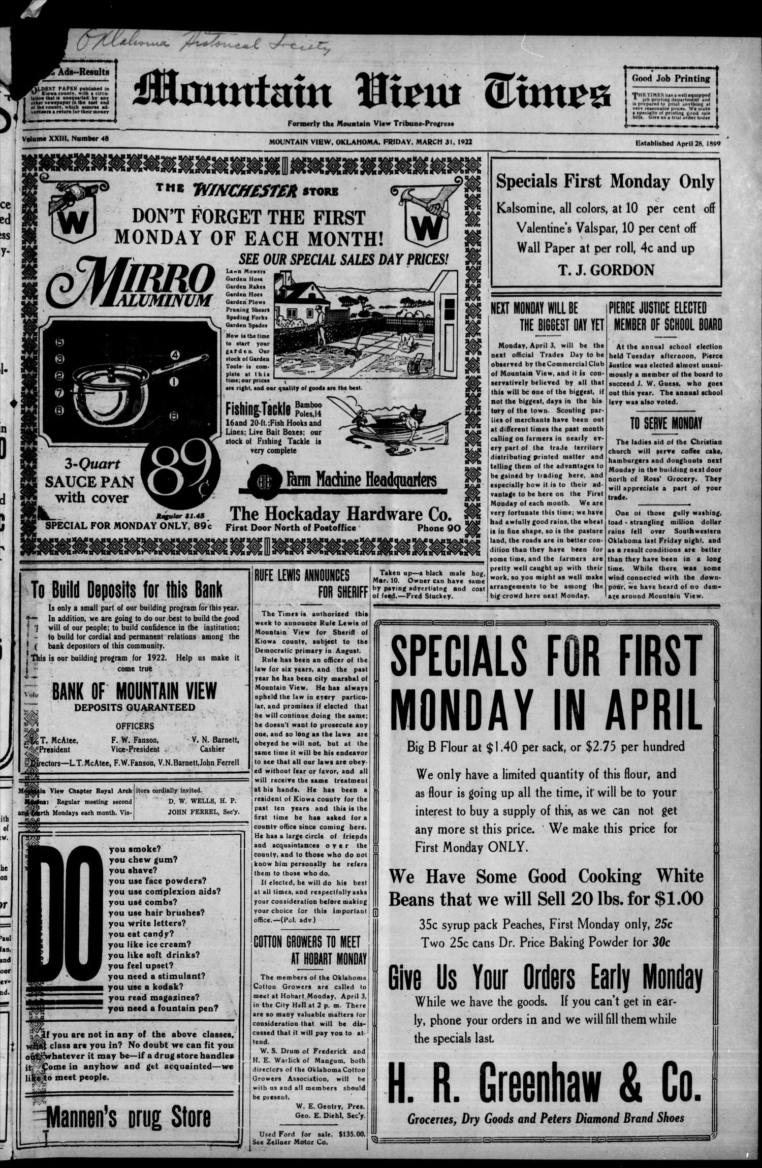 Mountain View Times (Mountain View, Okla.), Vol. 23, No. 48, Ed. 1 Friday, March 31, 1922
                                                
                                                    [Sequence #]: 1 of 8
                                                