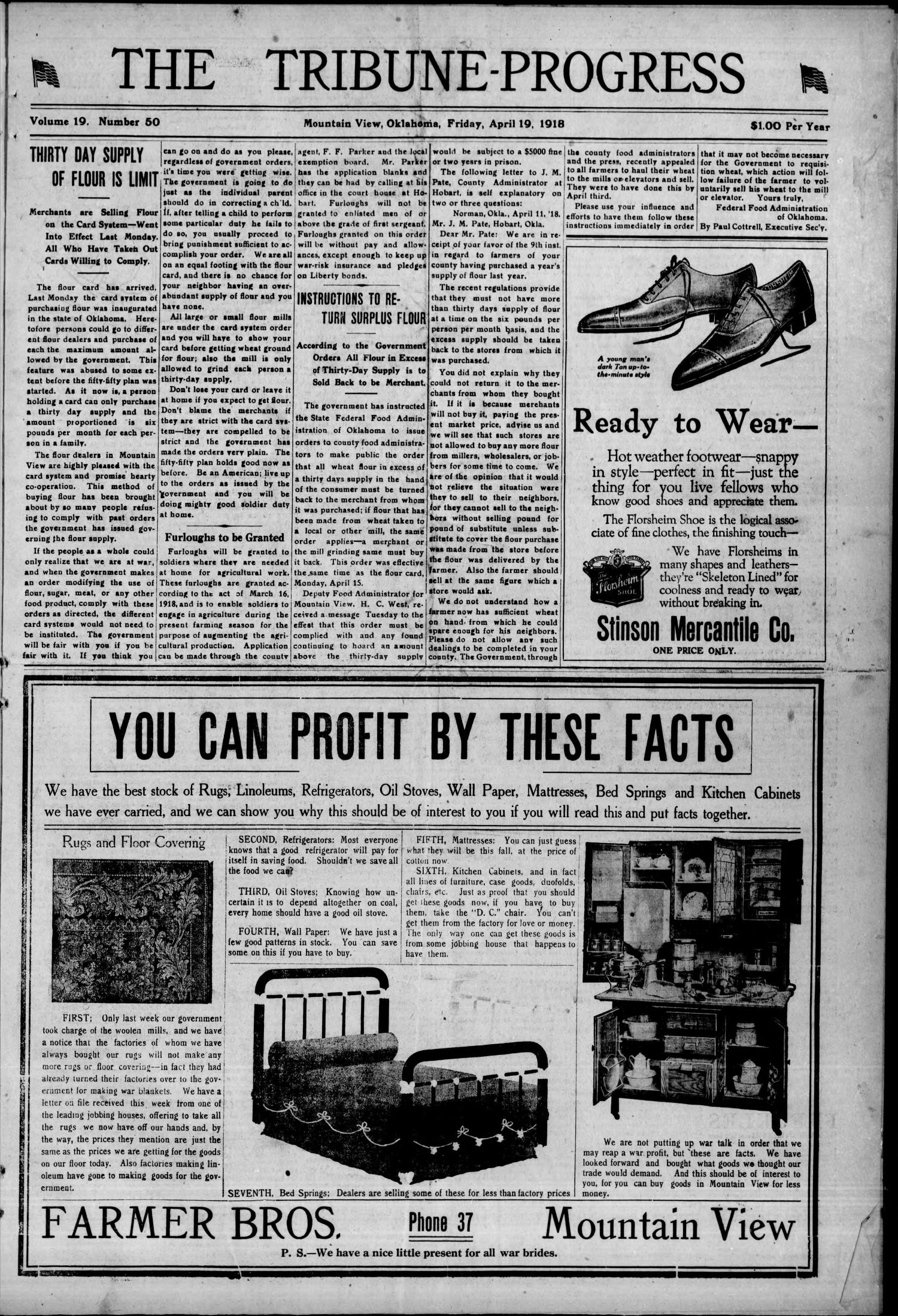 The Tribune-Progress (Mountain View, Okla.), Vol. 19, No. 50, Ed. 1 Friday, April 19, 1918
                                                
                                                    [Sequence #]: 1 of 8
                                                