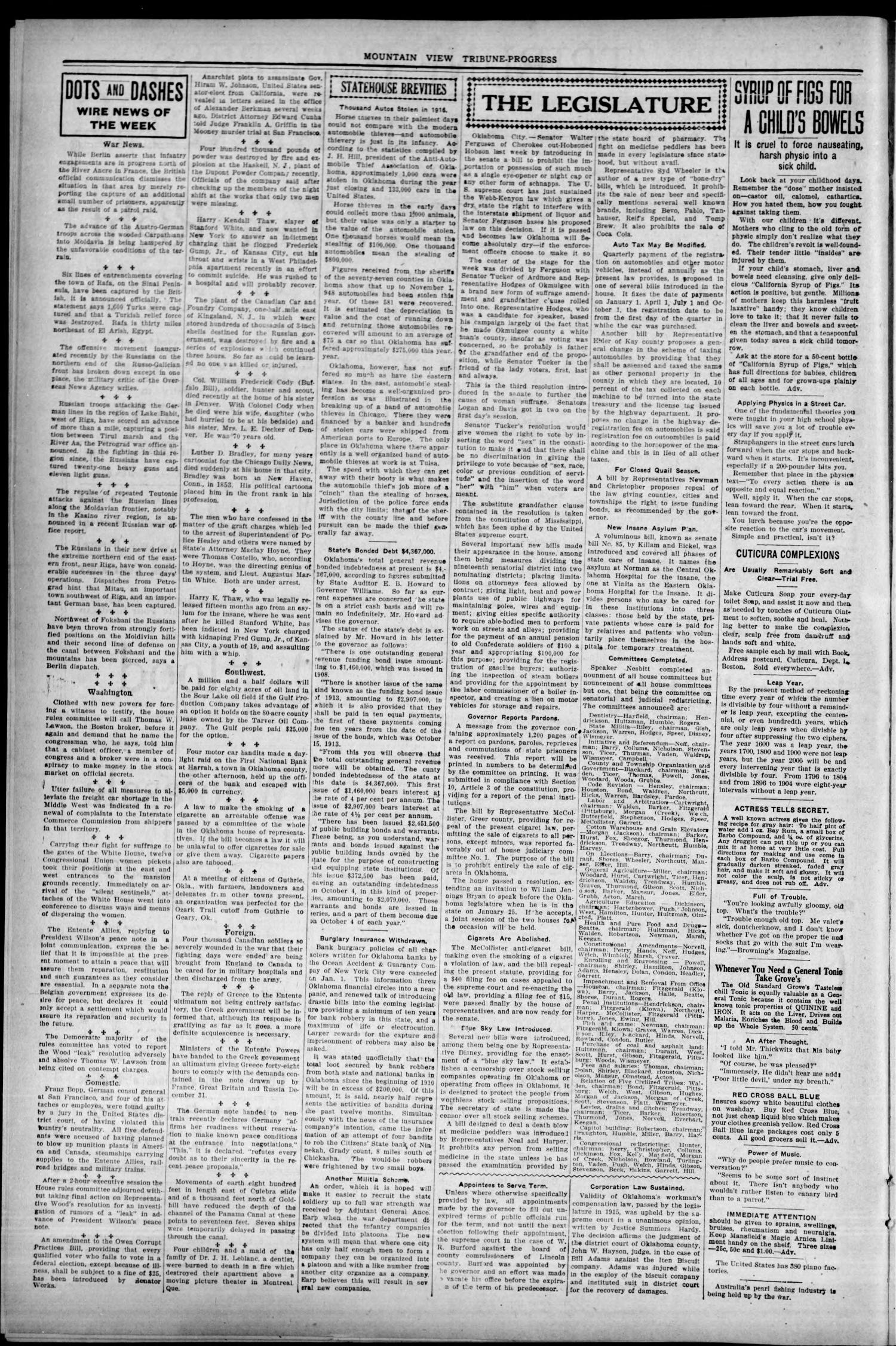 The Tribune-Progress (Mountain View, Okla.), Vol. 18, No. 37, Ed. 1 Friday, January 19, 1917
                                                
                                                    [Sequence #]: 2 of 8
                                                