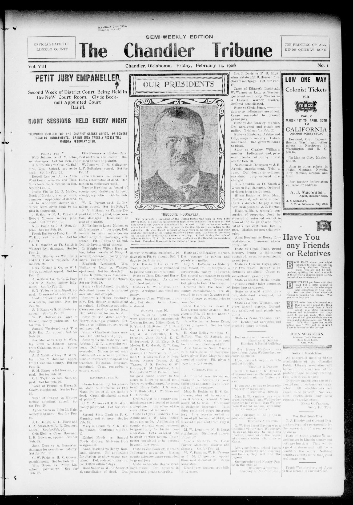 The Chandler Tribune (Chandler, Okla.), Vol. 8, No. 1, Ed. 1 Friday, February 14, 1908
                                                
                                                    [Sequence #]: 1 of 4
                                                