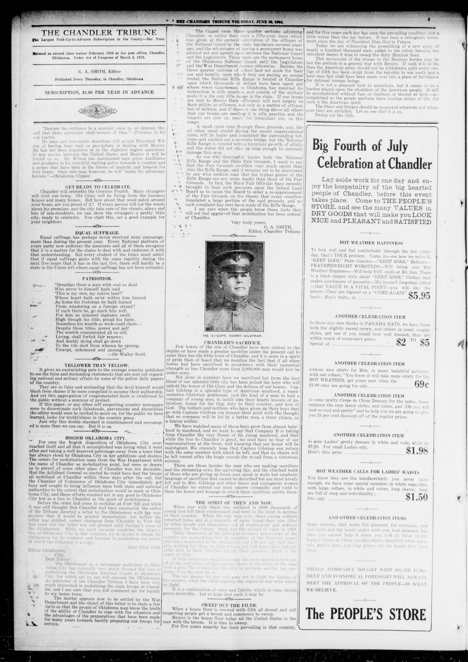 The Chandler Tribune (Chandler, Okla.), Vol. 16, No. 19, Ed. 1 Thursday, June 29, 1916
                                                
                                                    [Sequence #]: 2 of 8
                                                