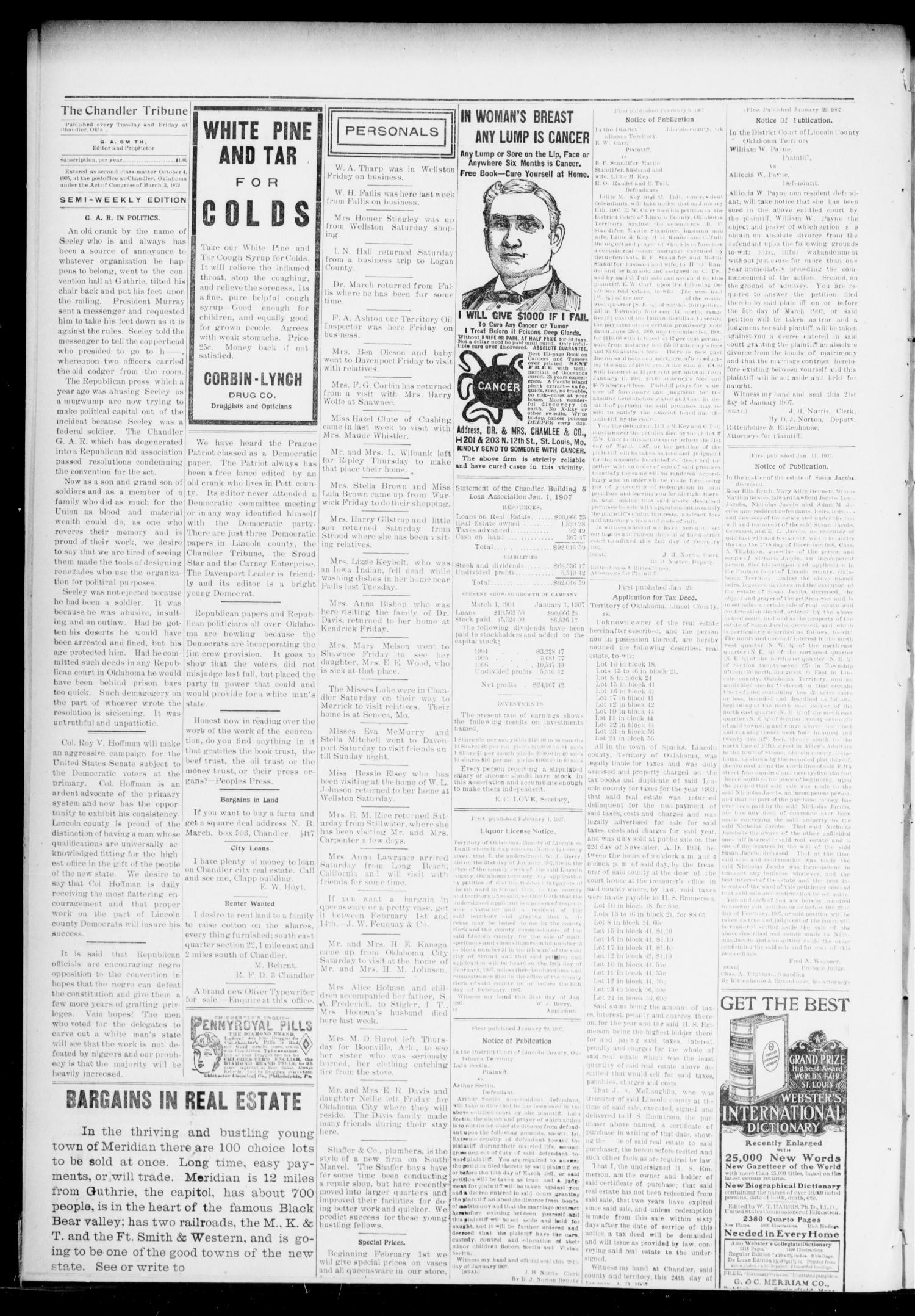 The Chandler Tribune (Chandler, Okla.), Vol. 6, No. 97, Ed. 1 Tuesday, February 5, 1907
                                                
                                                    [Sequence #]: 4 of 4
                                                