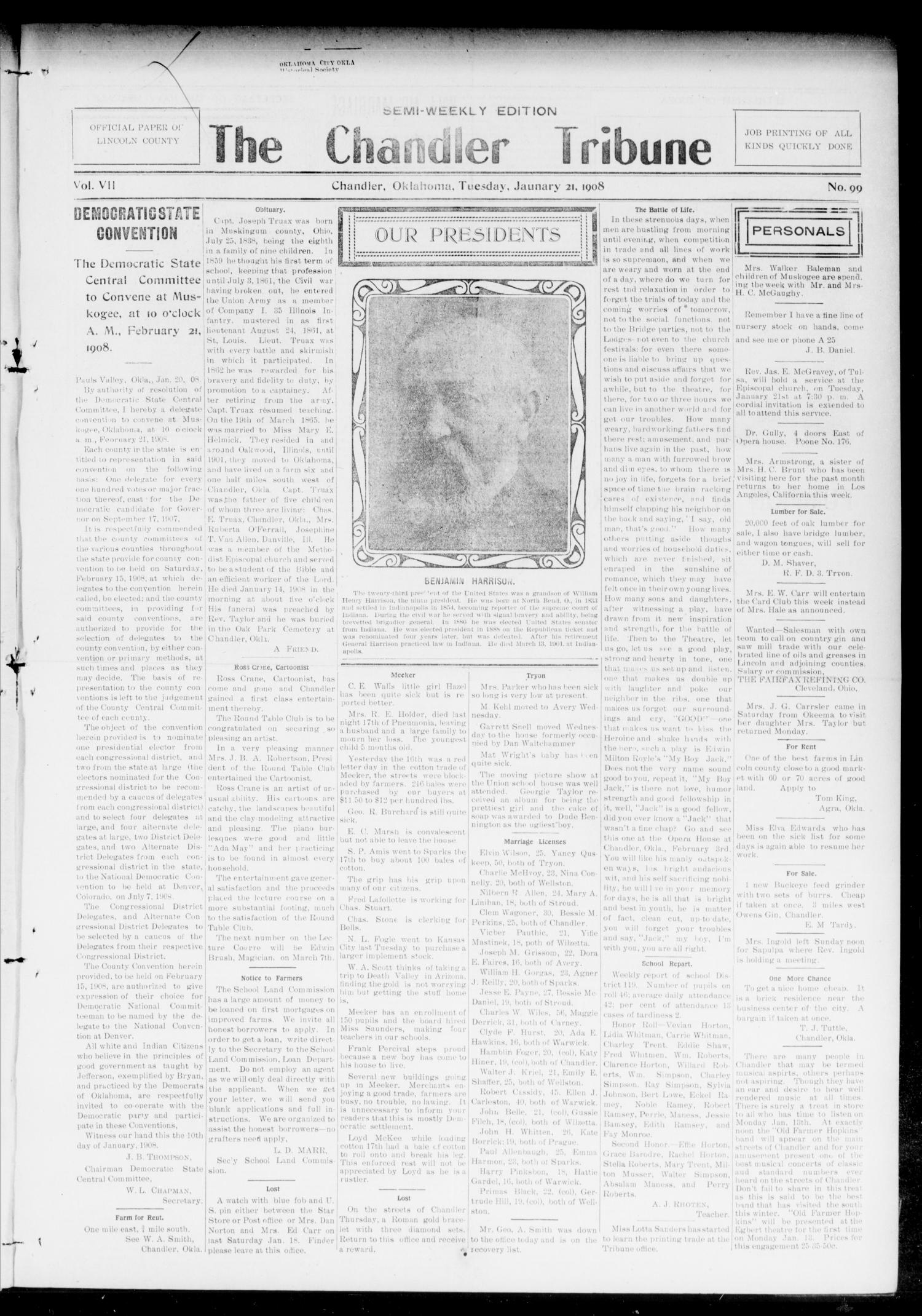 The Chandler Tribune (Chandler, Okla.), Vol. 7, No. 99, Ed. 1 Tuesday, January 21, 1908
                                                
                                                    [Sequence #]: 1 of 4
                                                