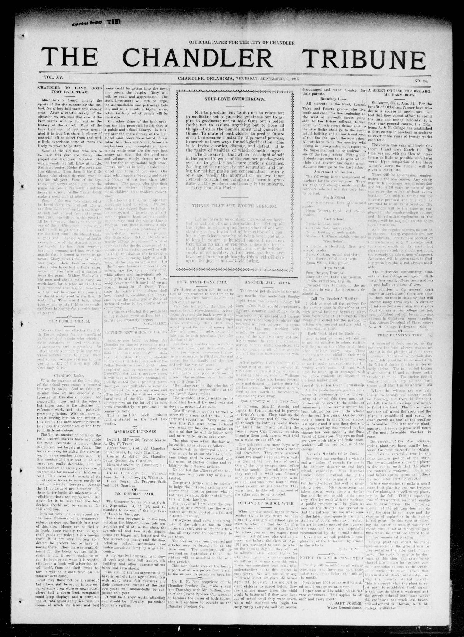 The Chandler Tribune (Chandler, Okla.), Vol. 15, No. 28, Ed. 1 Thursday, September 2, 1915
                                                
                                                    [Sequence #]: 1 of 8
                                                