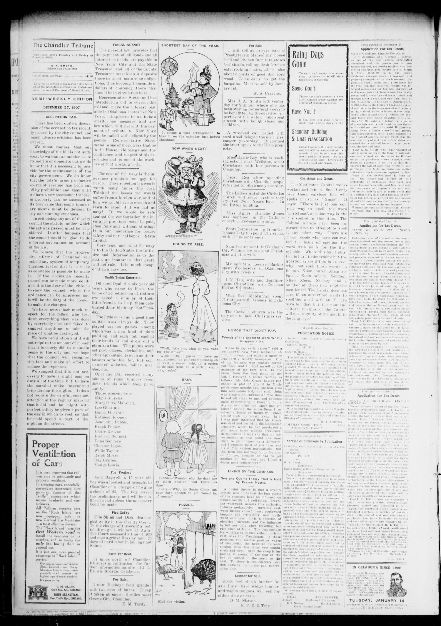 The Chandler Tribune (Chandler, Okla.), Vol. 7, No. 93, Ed. 1 Friday, December 27, 1907
                                                
                                                    [Sequence #]: 4 of 4
                                                