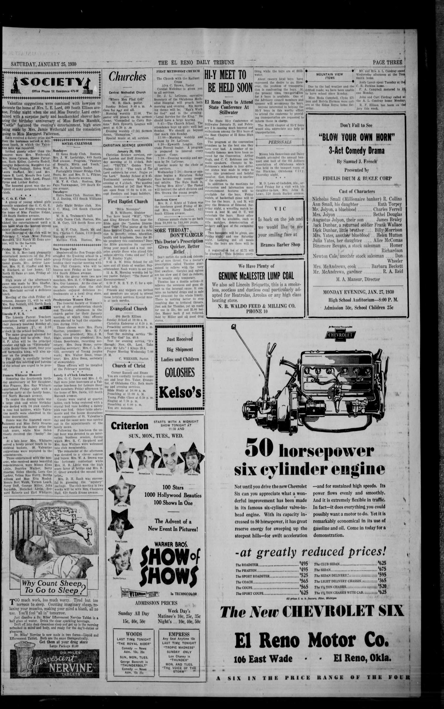 The El Reno Daily Tribune (El Reno, Okla.), Vol. 38, No. 94, Ed. 1 Saturday, January 25, 1930
                                                
                                                    [Sequence #]: 3 of 6
                                                