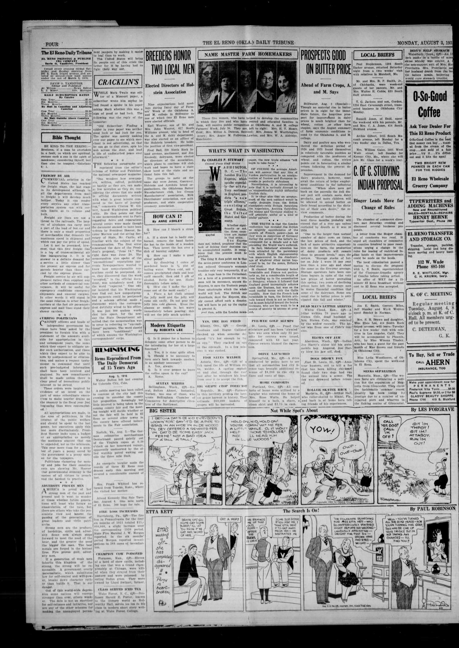 The El Reno Daily Tribune (El Reno, Okla.), Vol. 40, No. 158, Ed. 1 Monday, August 3, 1931
                                                
                                                    [Sequence #]: 4 of 6
                                                