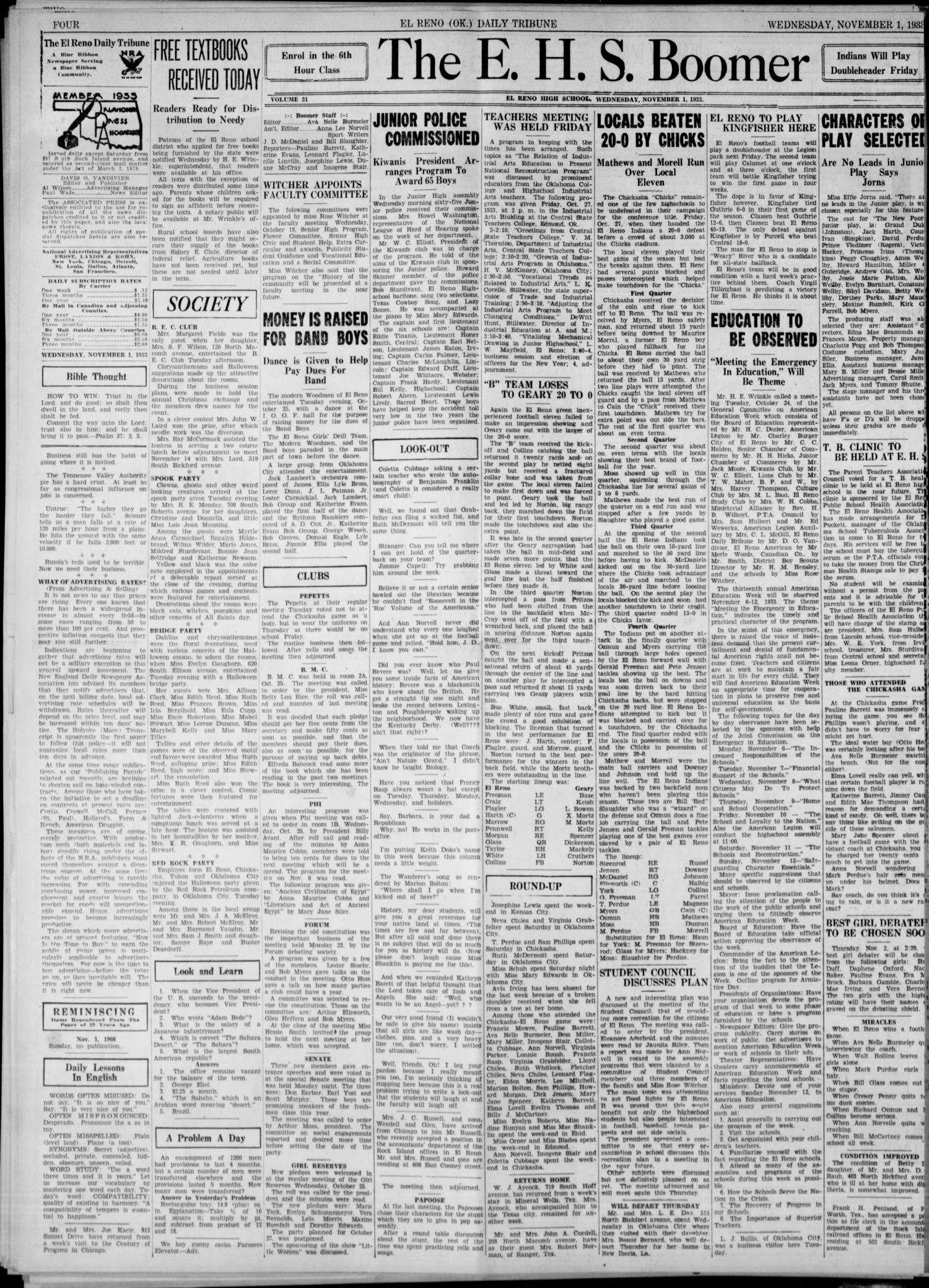 The El Reno Daily Tribune (El Reno, Okla.), Vol. 42, No. 209, Ed. 1 Wednesday, November 1, 1933
                                                
                                                    [Sequence #]: 4 of 6
                                                