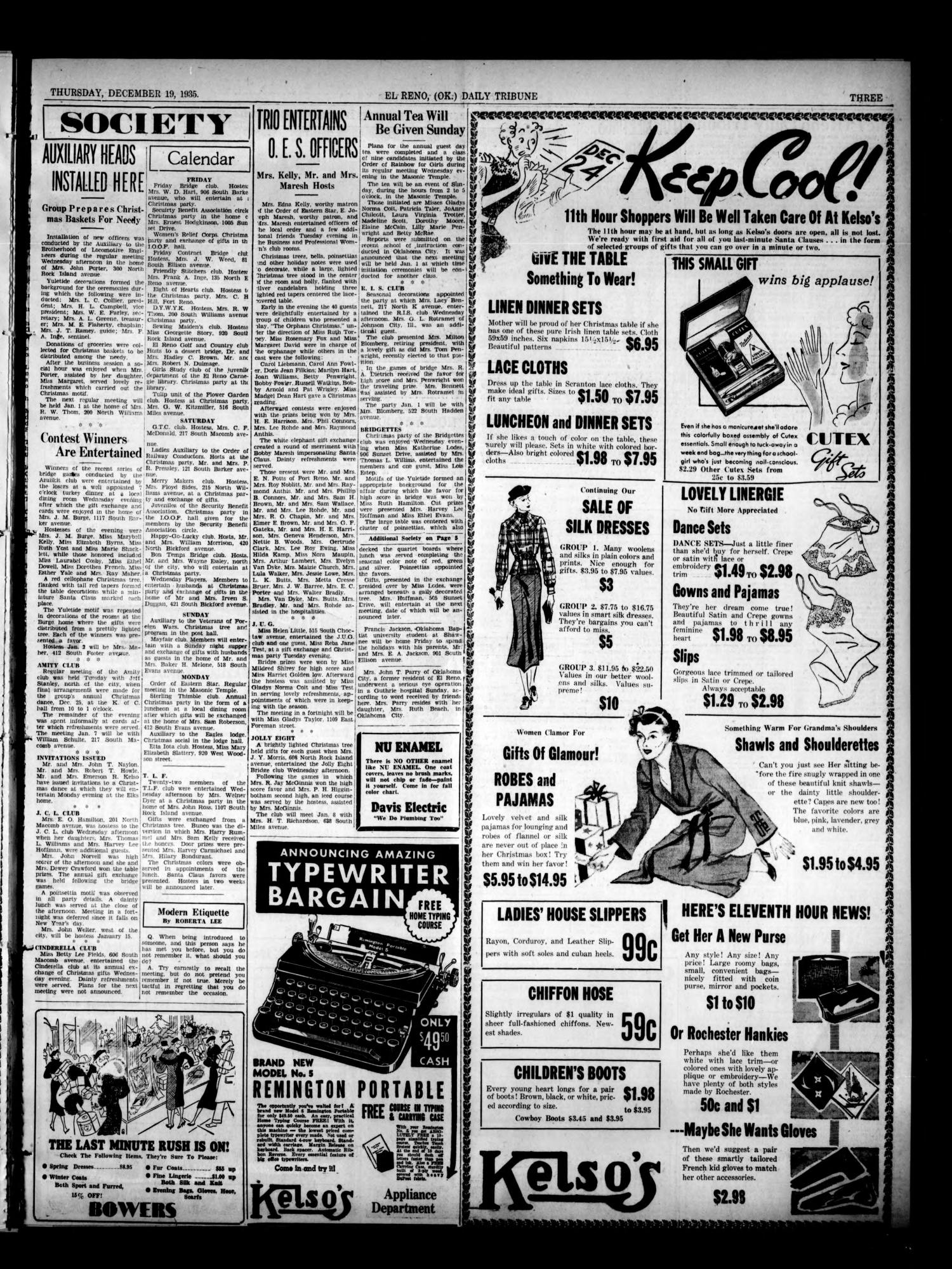 The El Reno Daily Tribune (El Reno, Okla.), Vol. 44, No. 250, Ed. 1 Thursday, December 19, 1935
                                                
                                                    [Sequence #]: 3 of 9
                                                