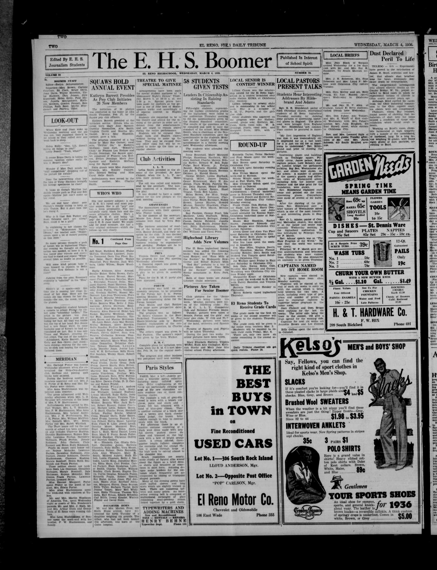 The El Daily Tribune (El Reno, Okla.), Vol. 45, No. 2, Ed. 1 March 4, 1936 - Page 2 of 6 - The Gateway to Oklahoma History