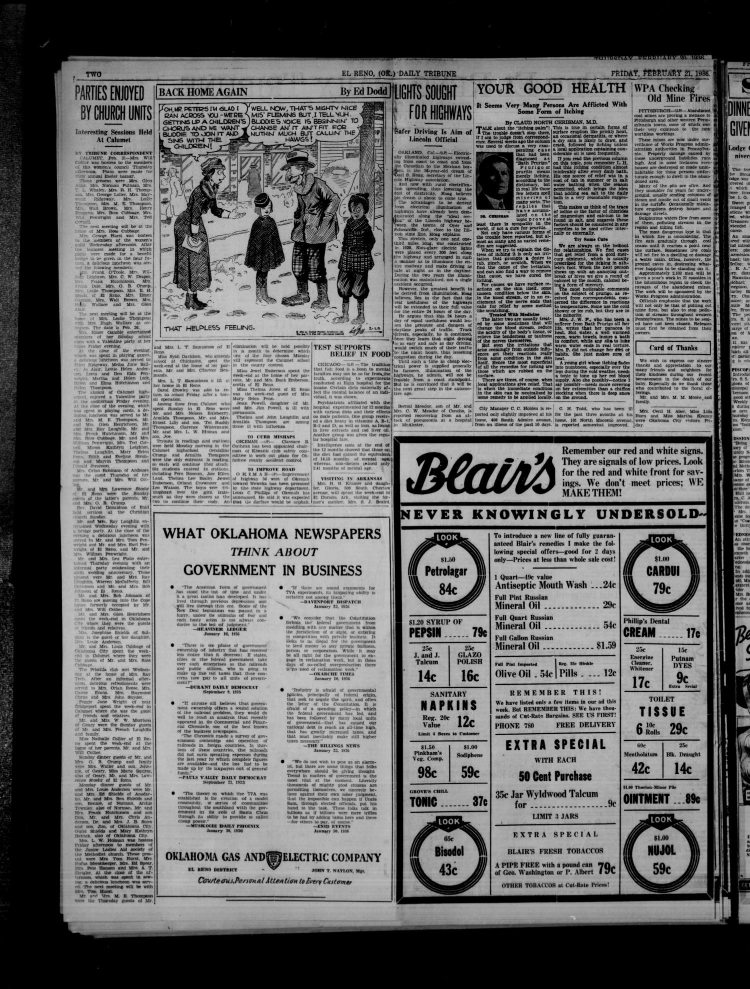 The El Reno Daily Tribune (El Reno, Okla.), Vol. 44, No. 304, Ed. 1 Friday, February 21, 1936
                                                
                                                    [Sequence #]: 2 of 8
                                                