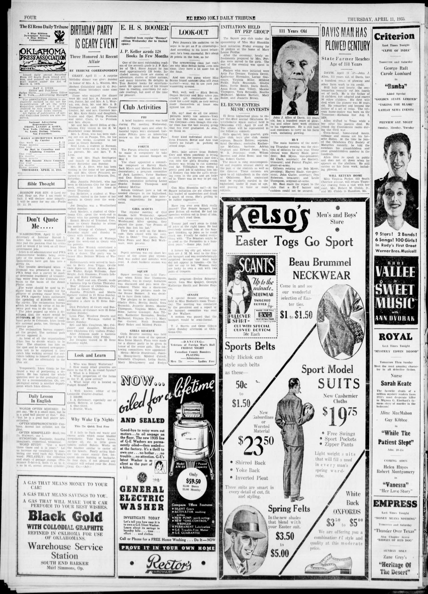 The El Reno Daily Tribune (El Reno, Okla.), Vol. 43, No. 306, Ed. 1 Thursday, April 11, 1935
                                                
                                                    [Sequence #]: 4 of 8
                                                