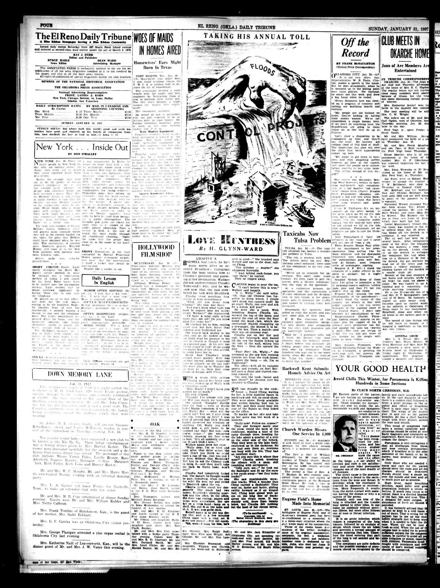 The El Reno Daily Tribune (El Reno, Okla.), Vol. 45, No. 284, Ed. 1 Sunday, January 31, 1937
                                                
                                                    [Sequence #]: 4 of 6
                                                