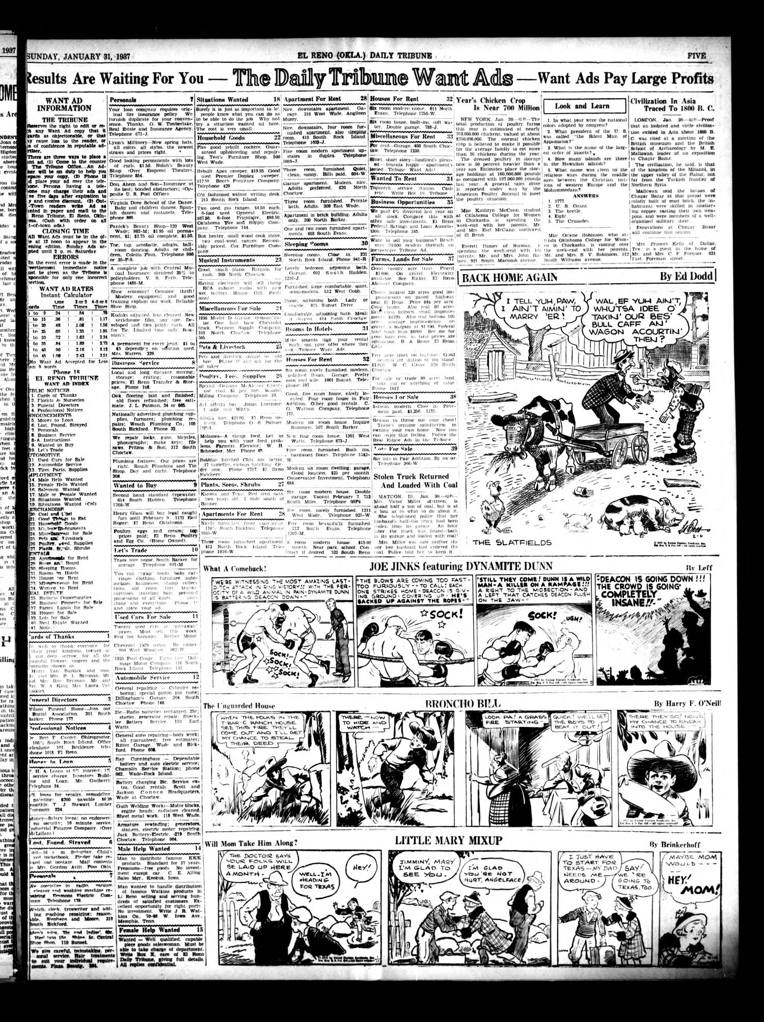 The El Reno Daily Tribune (El Reno, Okla.), Vol. 45, No. 284, Ed. 1 Sunday, January 31, 1937
                                                
                                                    [Sequence #]: 5 of 6
                                                