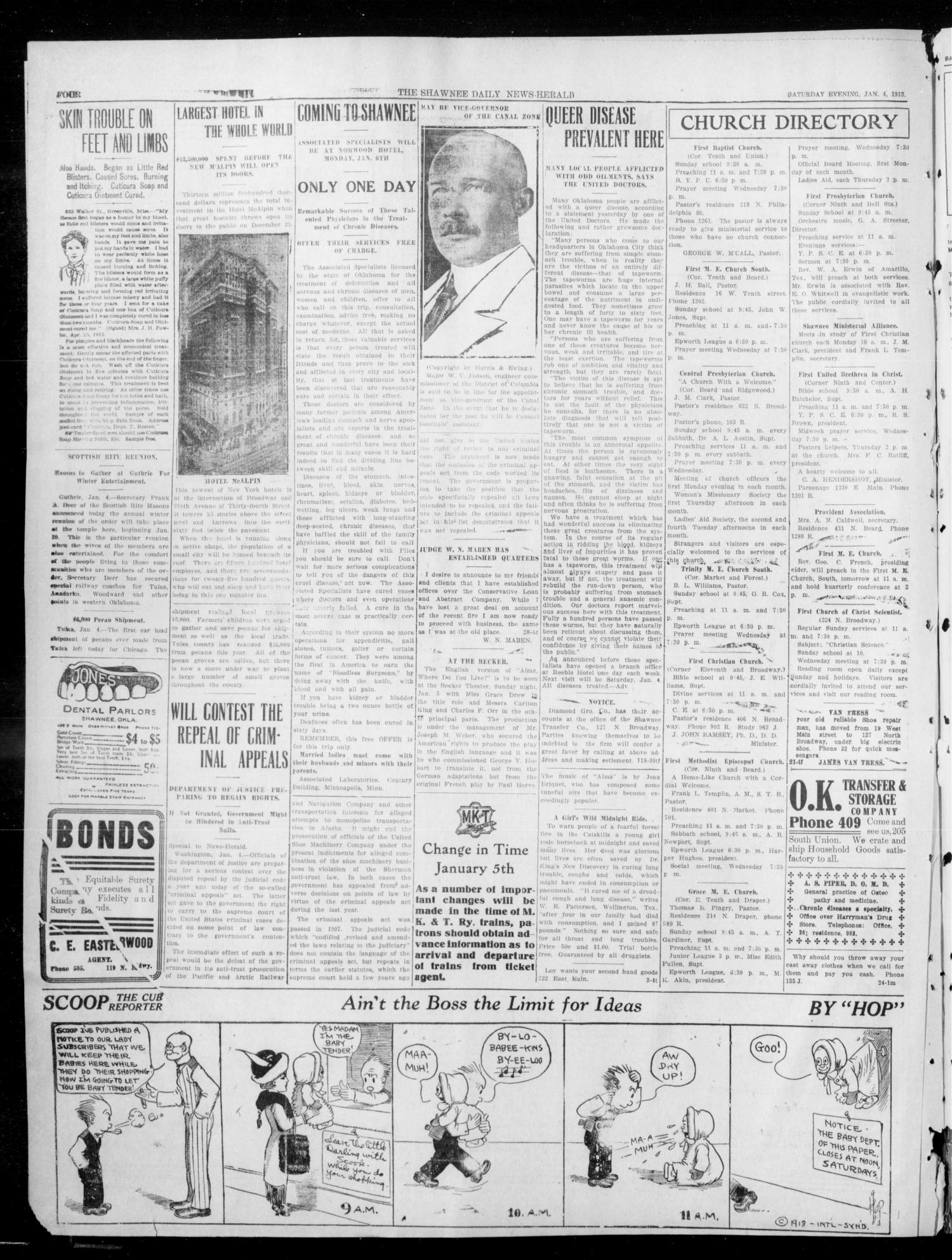 The Shawnee Daily News-Herald (Shawnee, Okla.), Vol. 17, No. 127, Ed. 1 Saturday, January 4, 1913
                                                
                                                    [Sequence #]: 4 of 6
                                                