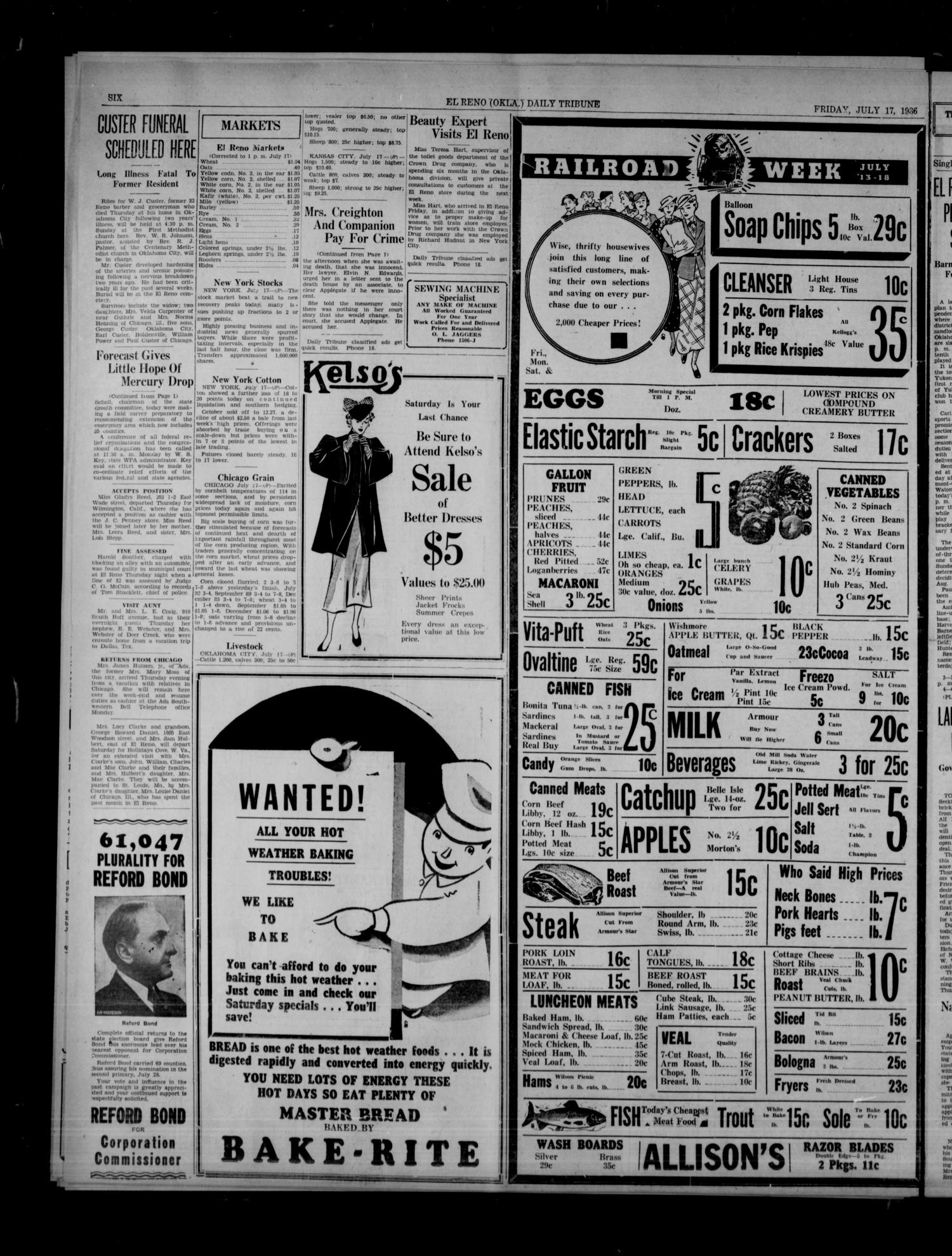 The El Reno Daily Tribune (El Reno, Okla.), Vol. 45, No. 117, Ed. 1 Friday, July 17, 1936
                                                
                                                    [Sequence #]: 6 of 6
                                                