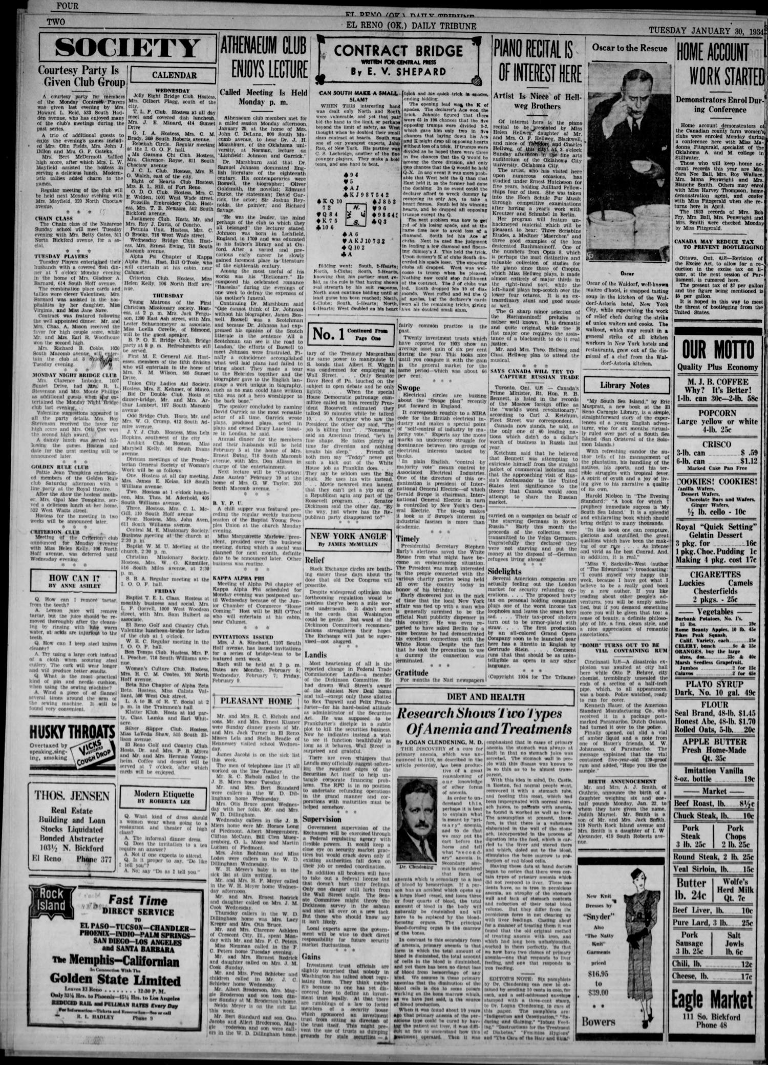 The El Reno Daily Tribune (El Reno, Okla.), Vol. 42, No. 284, Ed. 1 Tuesday, January 30, 1934
                                                
                                                    [Sequence #]: 2 of 6
                                                