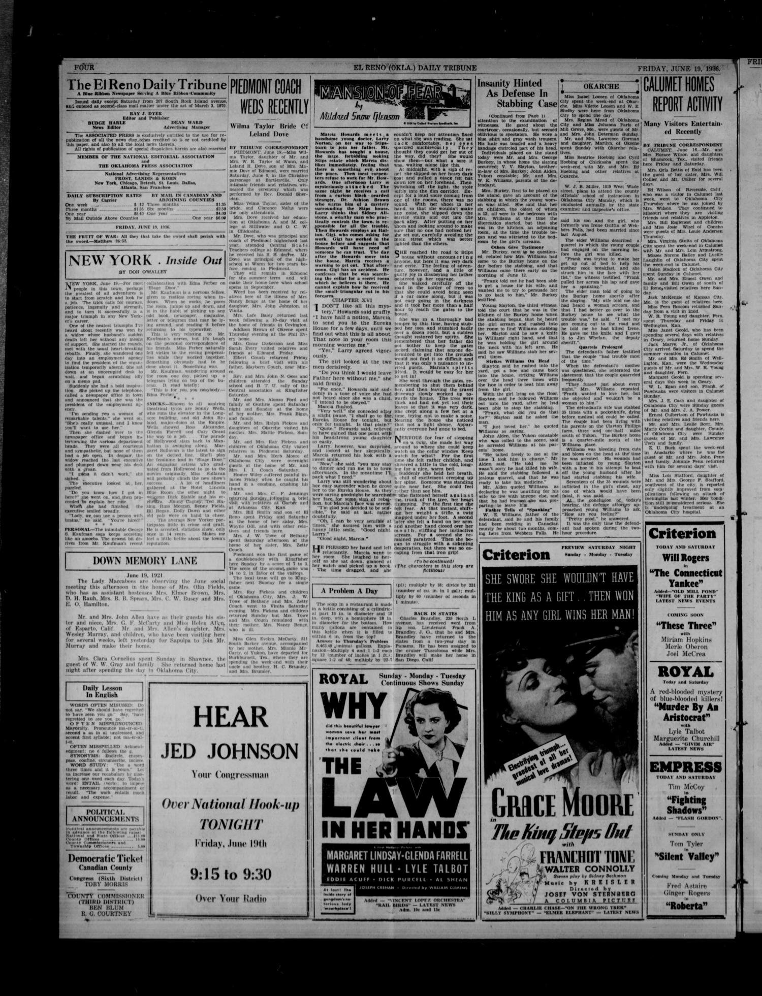 The El Reno Daily Tribune (El Reno, Okla.), Vol. 45, No. 94, Ed. 1 Friday, June 19, 1936
                                                
                                                    [Sequence #]: 4 of 8
                                                