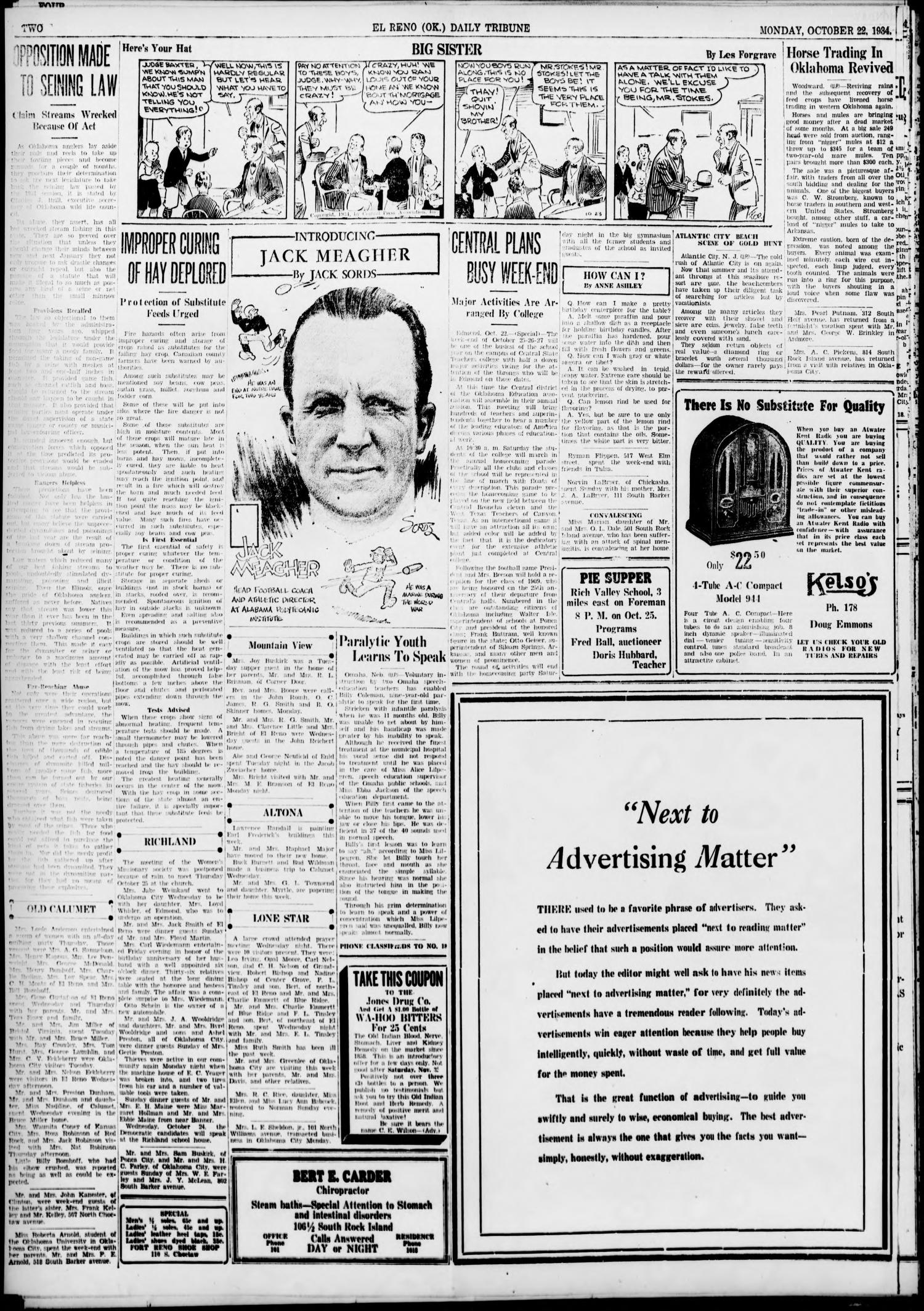 The El Reno Daily Tribune (El Reno, Okla.), Vol. 43, No. 163, Ed. 1 Monday, October 22, 1934
                                                
                                                    [Sequence #]: 2 of 10
                                                