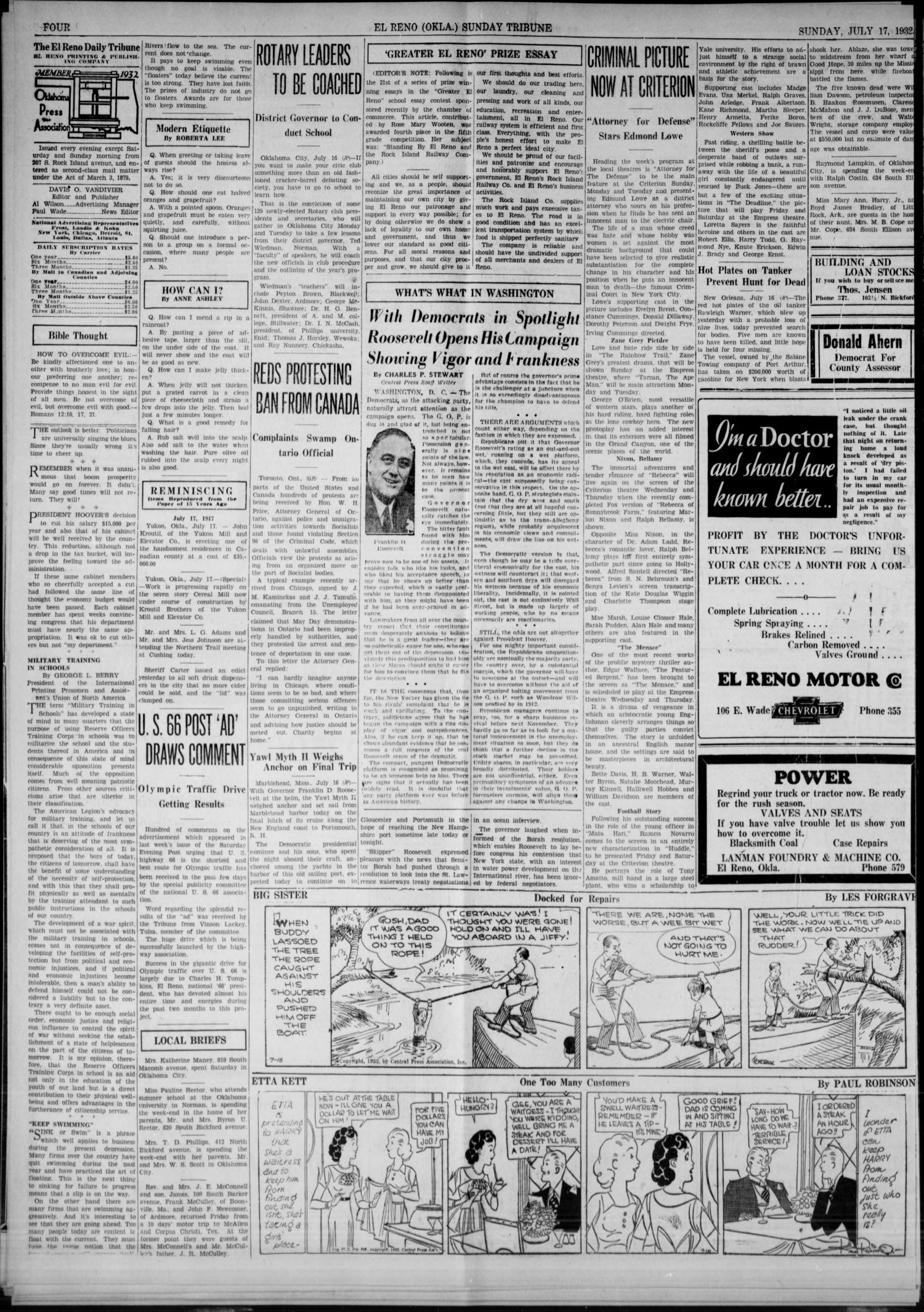 El Reno Sunday Tribune (El Reno, Okla.), Vol. 41, No. 142, Ed. 1 Sunday, July 17, 1932
                                                
                                                    [Sequence #]: 4 of 6
                                                