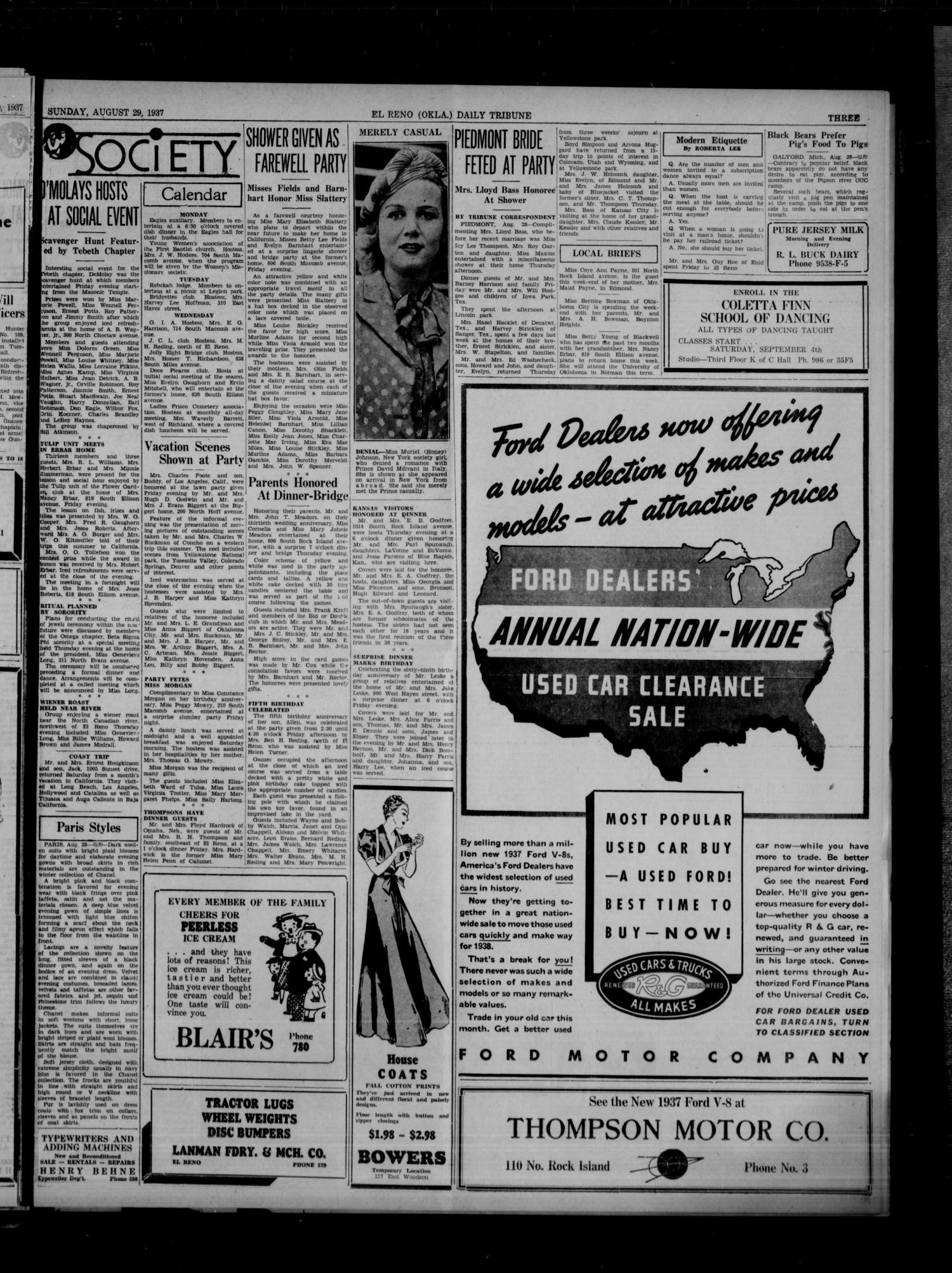 The El Reno Daily Tribune (El Reno, Okla.), Vol. 46, No. 151, Ed. 1 Sunday, August 29, 1937
                                                
                                                    [Sequence #]: 3 of 6
                                                