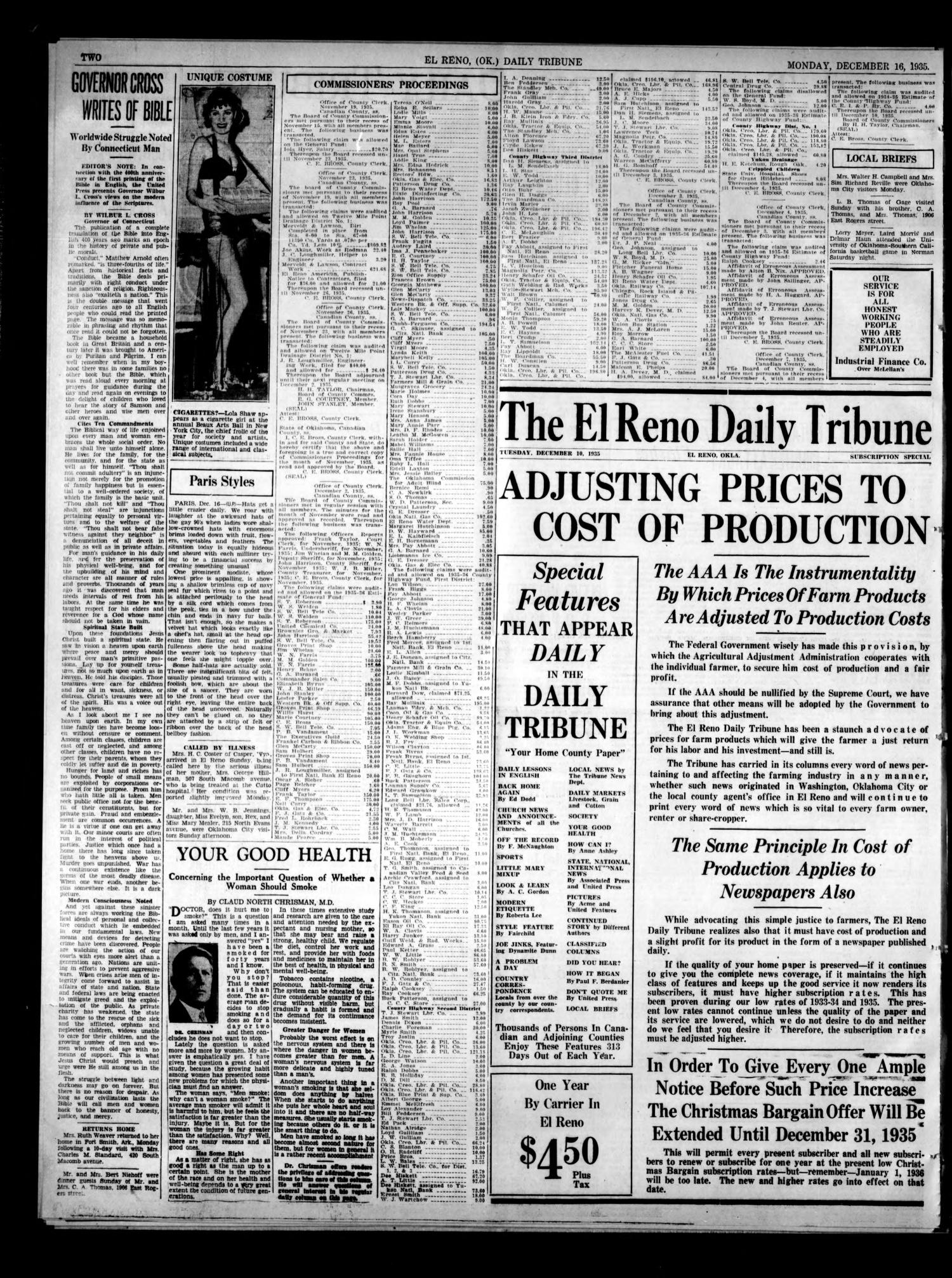 The El Reno Daily Tribune (El Reno, Okla.), Vol. 44, No. 247, Ed. 1 Monday, December 16, 1935
                                                
                                                    [Sequence #]: 2 of 6
                                                
