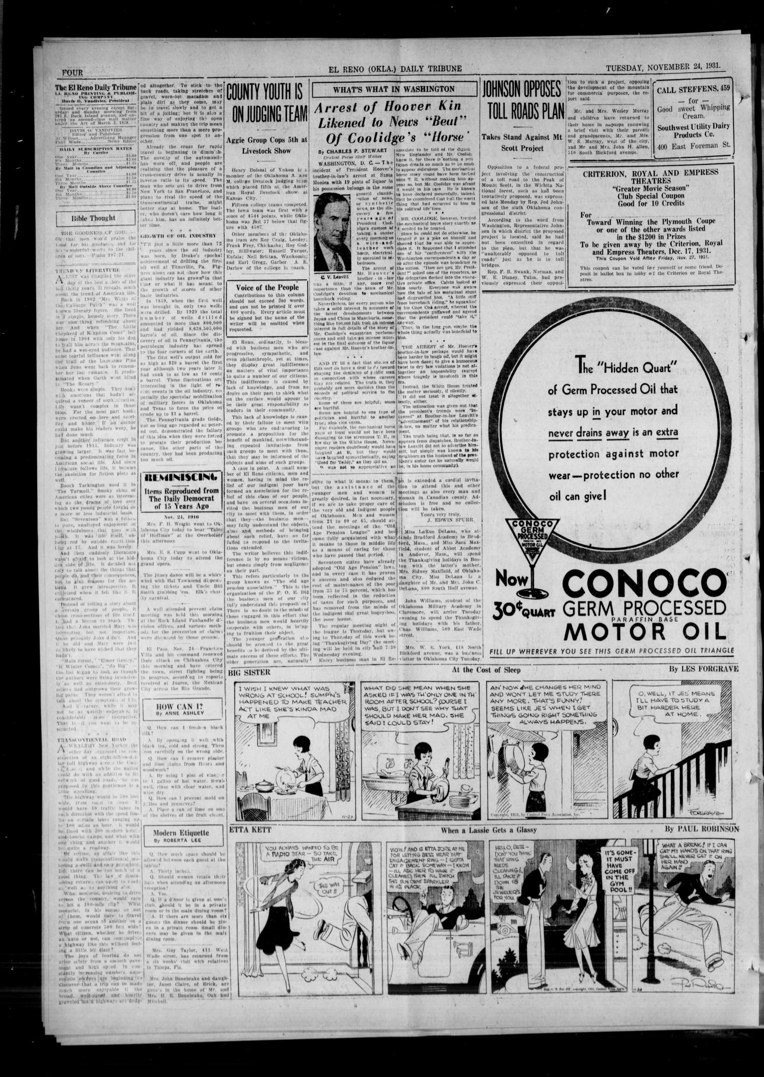 The El Reno Daily Tribune (El Reno, Okla.), Vol. 40, No. 254, Ed. 1 Tuesday, November 24, 1931
                                                
                                                    [Sequence #]: 4 of 8
                                                