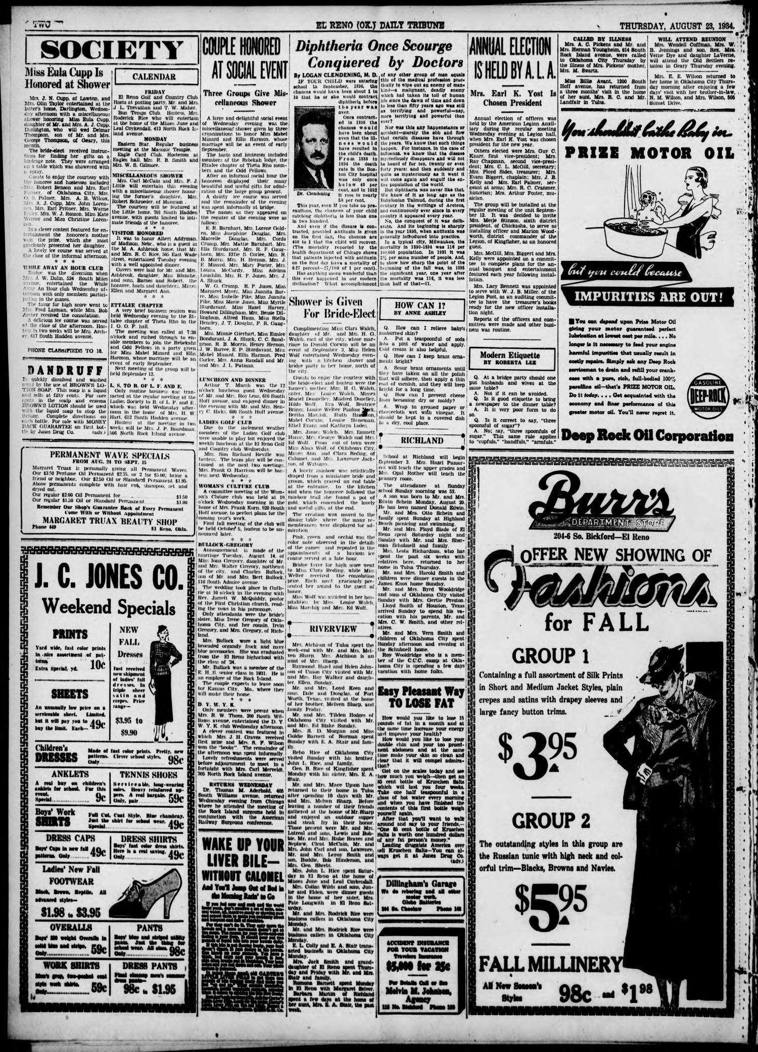 The El Reno Daily Tribune (El Reno, Okla.), Vol. 43, No. 119, Ed. 1 Thursday, August 23, 1934
                                                
                                                    [Sequence #]: 2 of 6
                                                