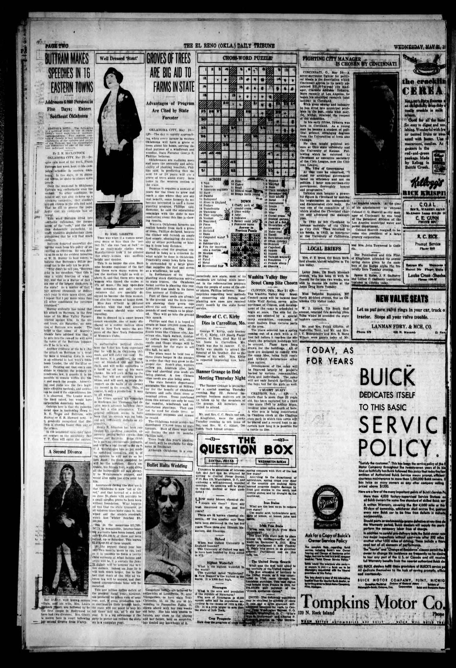 The El Reno Daily Tribune (El Reno, Okla.), Vol. 38, No. 193, Ed. 1 Wednesday, May 21, 1930
                                                
                                                    [Sequence #]: 2 of 6
                                                