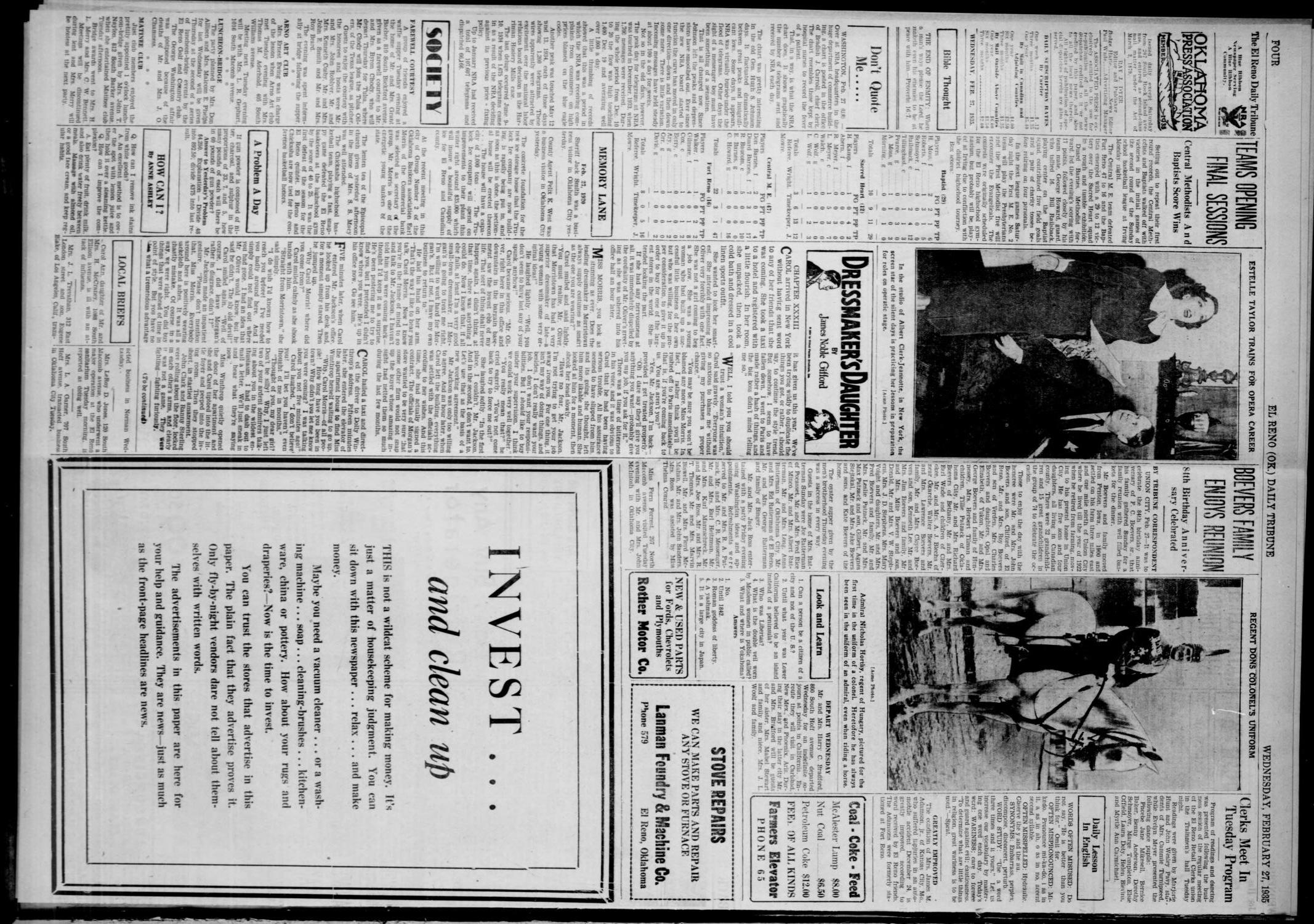The El Reno Daily Tribune (El Reno, Okla.), Vol. 43, No. 270, Ed. 1 Wednesday, February 27, 1935
                                                
                                                    [Sequence #]: 4 of 6
                                                