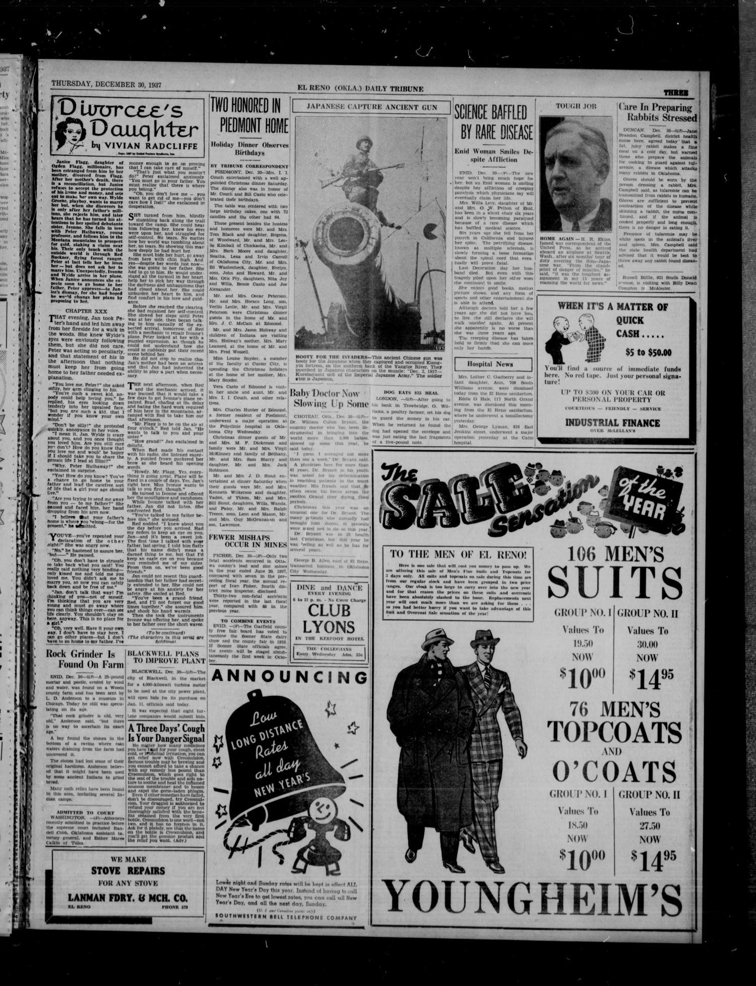The El Reno Daily Tribune (El Reno, Okla.), Vol. 46, No. 255, Ed. 1 Thursday, December 30, 1937
                                                
                                                    [Sequence #]: 3 of 6
                                                