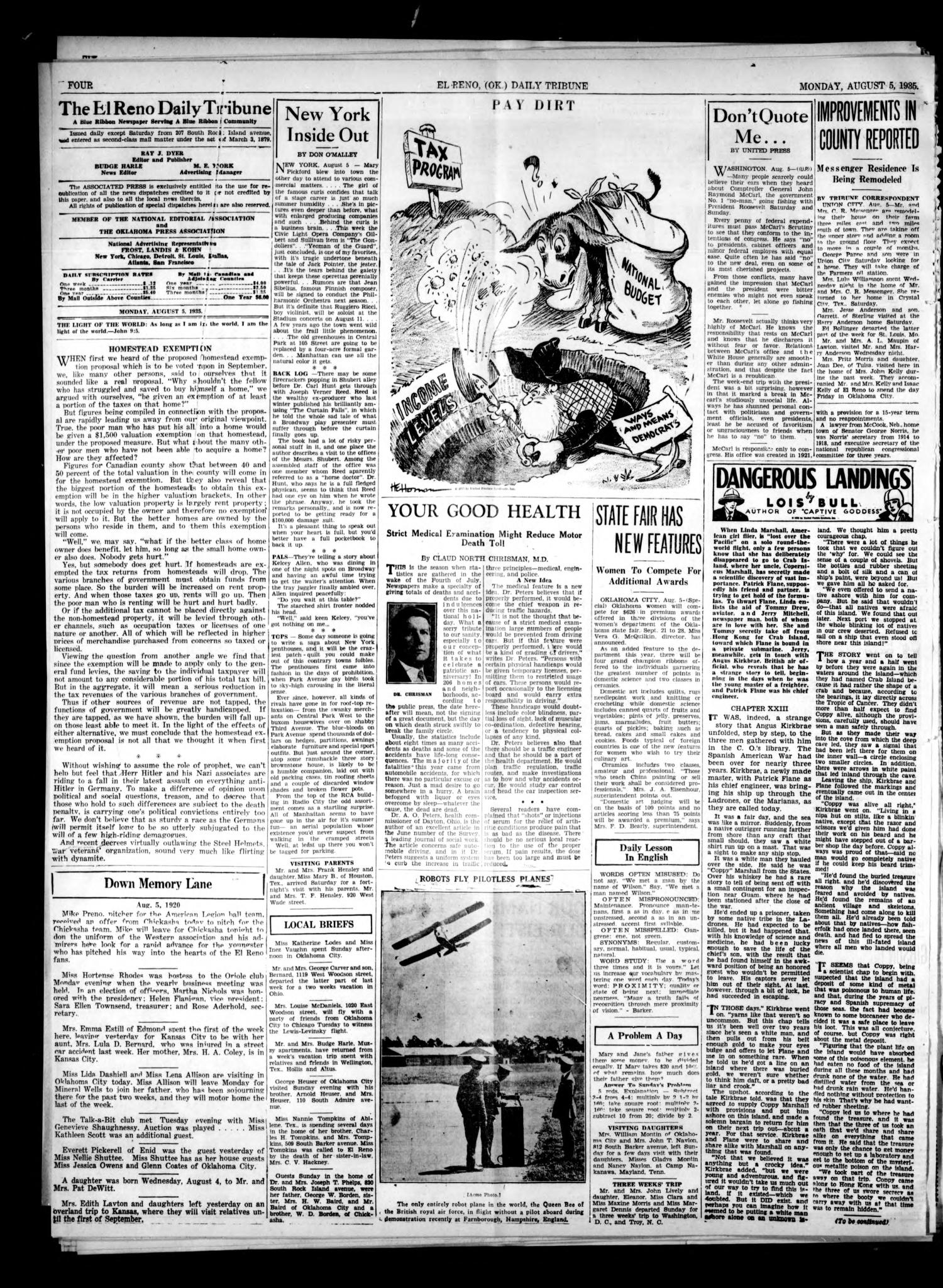 The El Reno Daily Tribune (El Reno, Okla.), Vol. 44, No. 94, Ed. 1 Monday, August 5, 1935
                                                
                                                    [Sequence #]: 4 of 6
                                                