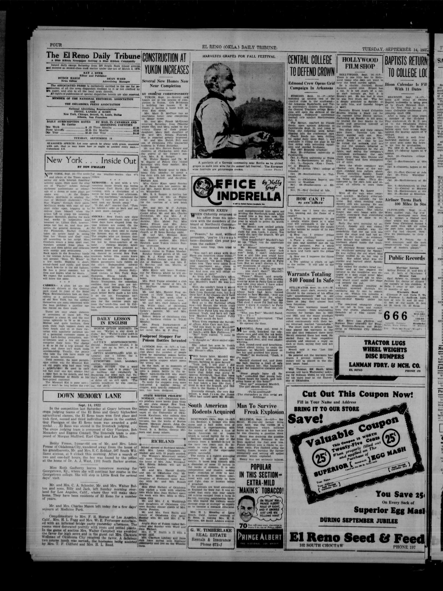 The El Reno Daily Tribune (El Reno, Okla.), Vol. 46, No. 164, Ed. 1 Tuesday, September 14, 1937
                                                
                                                    [Sequence #]: 4 of 6
                                                