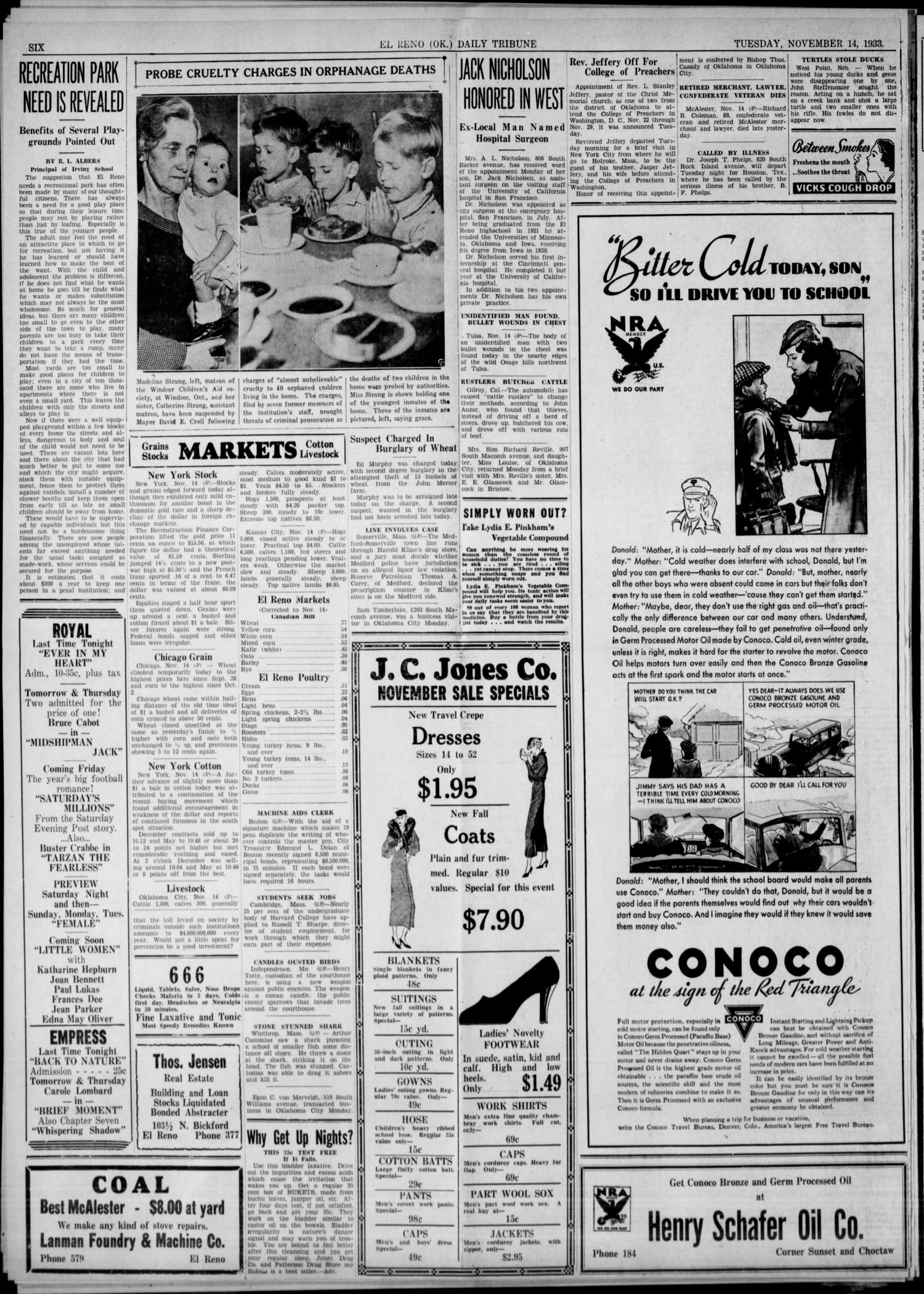 The El Reno Daily Tribune (El Reno, Okla.), Vol. 42, No. 220, Ed. 1 Tuesday, November 14, 1933
                                                
                                                    [Sequence #]: 6 of 6
                                                
