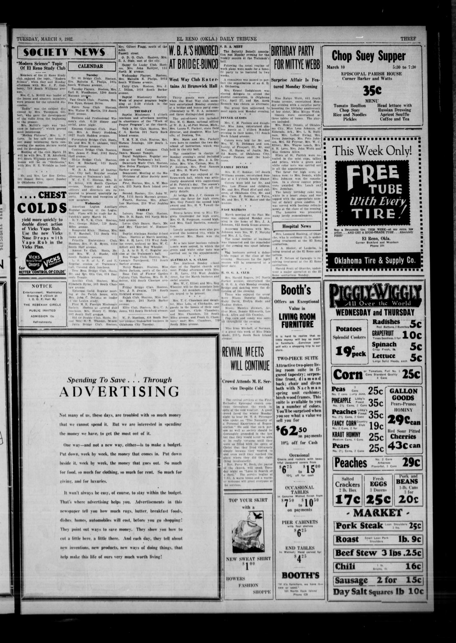 The El Reno Daily Tribune (El Reno, Okla.), Vol. 41, No. 32, Ed. 1 Tuesday, March 8, 1932
                                                
                                                    [Sequence #]: 3 of 6
                                                