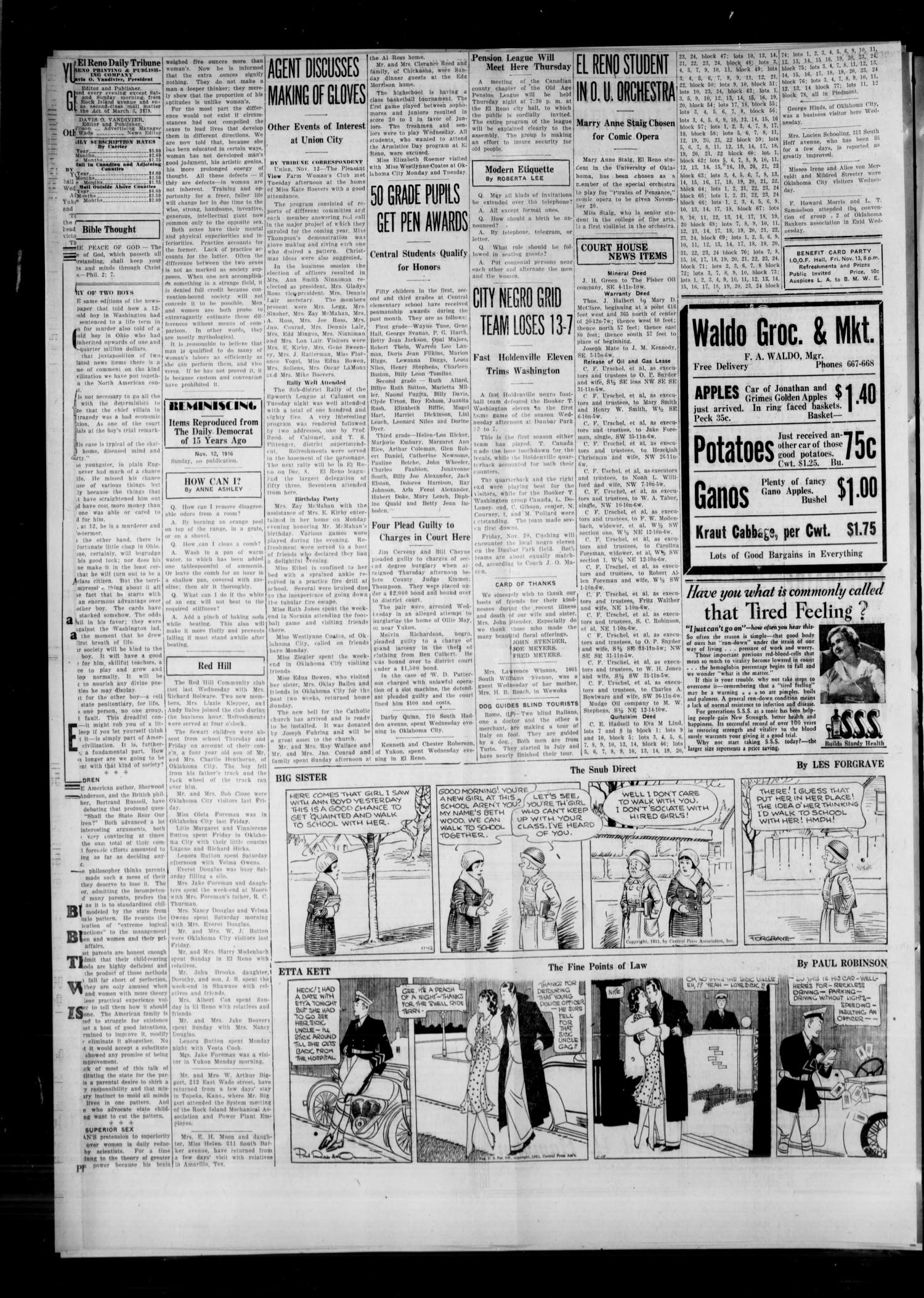The El Reno Daily Tribune (El Reno, Okla.), Vol. 40, No. 244, Ed. 1 Thursday, November 12, 1931
                                                
                                                    [Sequence #]: 4 of 6
                                                