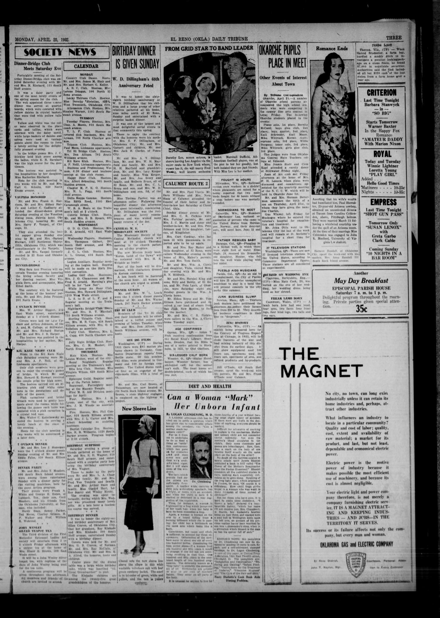 The El Reno Daily Tribune (El Reno, Okla.), Vol. 41, No. 73, Ed. 1 Monday, April 25, 1932
                                                
                                                    [Sequence #]: 3 of 6
                                                